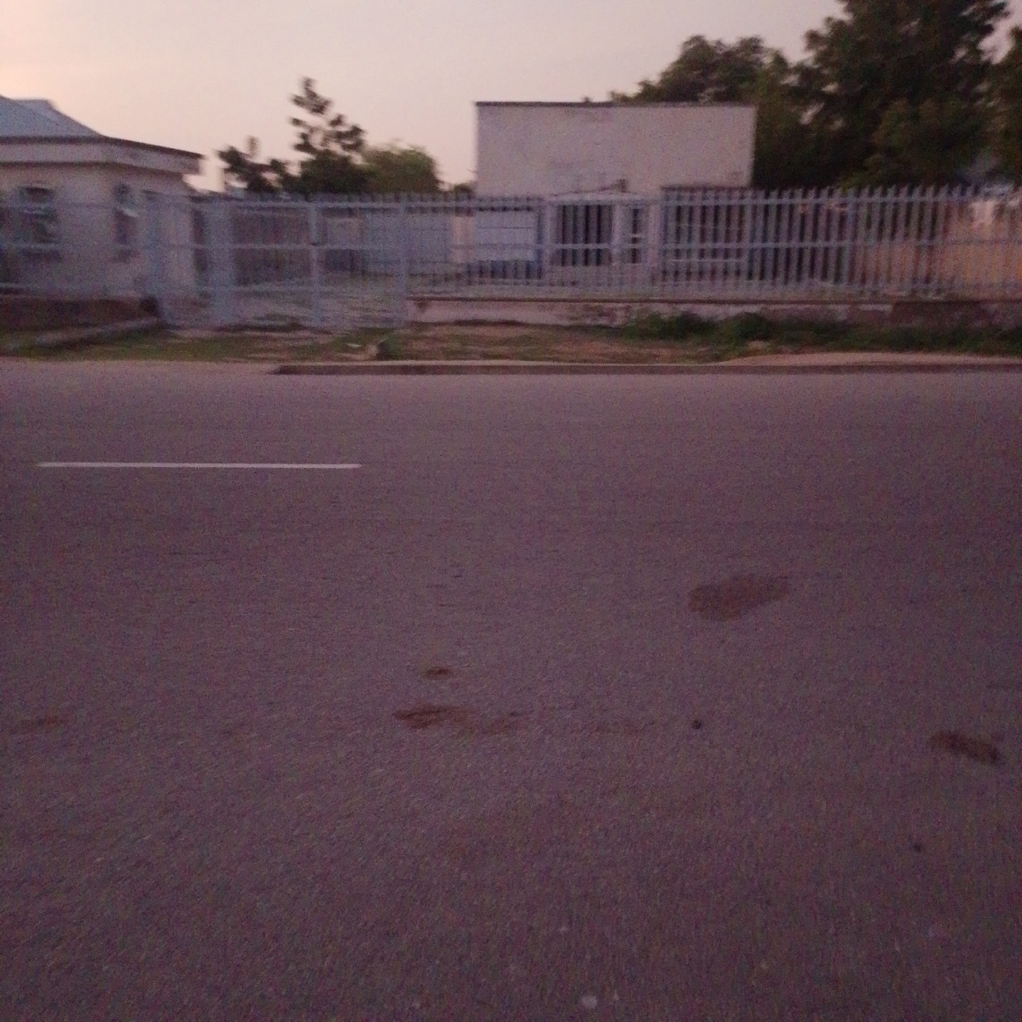 The image shows a street scene in Wuro Allahamdu, Nigeria. In the background, a low-rise building with a light-colored facade is visible, partially obscured by a metal fence. Behind the fence, more buildings and trees can be seen. The fence itself appears to be made of vertical metal bars. The foreground is dominated by an asphalt road with a single white line marking the lane. There are a few dark, irregular stains on the road surface. The sky is overcast and a pale, dusky color, suggesting it is either dawn or dusk. The overall impression is of a quiet, rural or semi-urban setting. There are no people or vehicles clearly visible in the frame. The lighting is dim, indicating low natural light conditions. No text is discernible in the image.