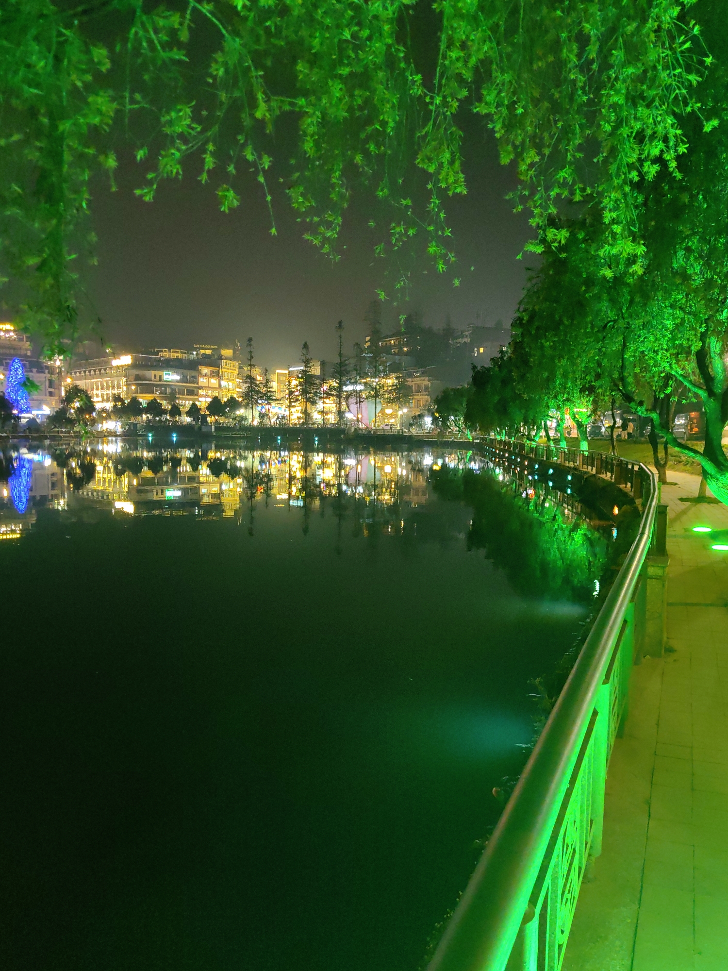 The image depicts a nighttime scene at Sa Pa Lake in Sa Pa, Vietnam. The foreground is dominated by a dark body of water, Sa Pa Lake, which occupies the central and left portions of the frame. Overhanging foliage, illuminated with a vibrant green light, partially obscures the top of the image. Along the right side, a paved pedestrian walkway curves around the lake, lit by multiple circular green in-ground lights. A metal handrail, also bathed in green light, runs parallel to the walkway, separating it from the water.
Across the lake, a cluster of multi-story buildings forms the background, brightly illuminated with warm yellow and white lights, which reflect distinctly on the dark lake surface. One building on the far bank is identifiable by the text "SAPA PARADISE HOTEL" visible on its facade. Numerous trees, appearing both deciduous and coniferous, line the far bank and are interspersed among the buildings. On the far left bank, a prominent, large structure illuminated with blue lights stands, its reflection also visible in the lake. The sky above the buildings is dark and overcast. No individuals or specific actions are discernible within the frame.