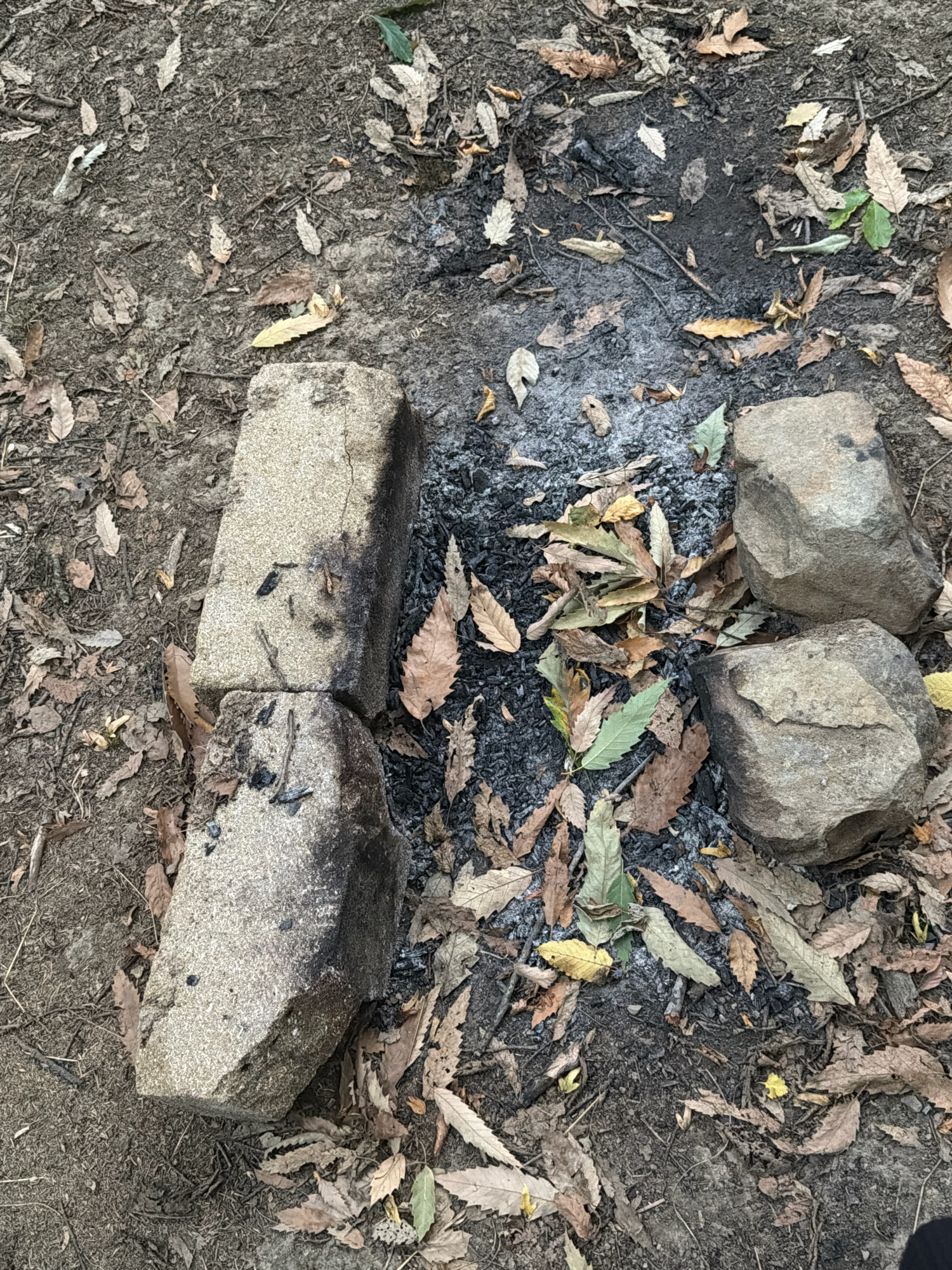 The image depicts a rustic outdoor scene, likely a campsite or a clearing in a wooded area, with no discernible urban elements that would place it within a specific city, including Unknown, Azerbaijan.
The foreground features a rough arrangement of rocks and concrete blocks, forming a makeshift fire pit. Some of these blocks appear to be substantial, with dark char marks and soot, indicating recent or past fires. Scattered around these are numerous fallen leaves, predominantly in shades of brown and yellow, consistent with an autumn setting. The ground itself is a mixture of dark soil, ash, and more fallen leaves, with some small twigs and debris also present.
To the right of the fire pit are two large, rough-hewn grey rocks. Two concrete blocks are positioned to the left of the fire pit, one atop the other, with visible cracks and dark staining on their surfaces. The overall impression is of a natural, somewhat untamed environment where a campfire has been used. There are no people or animals visible in the image. The lighting suggests it is daytime, with diffuse light filtering through an unseen canopy.