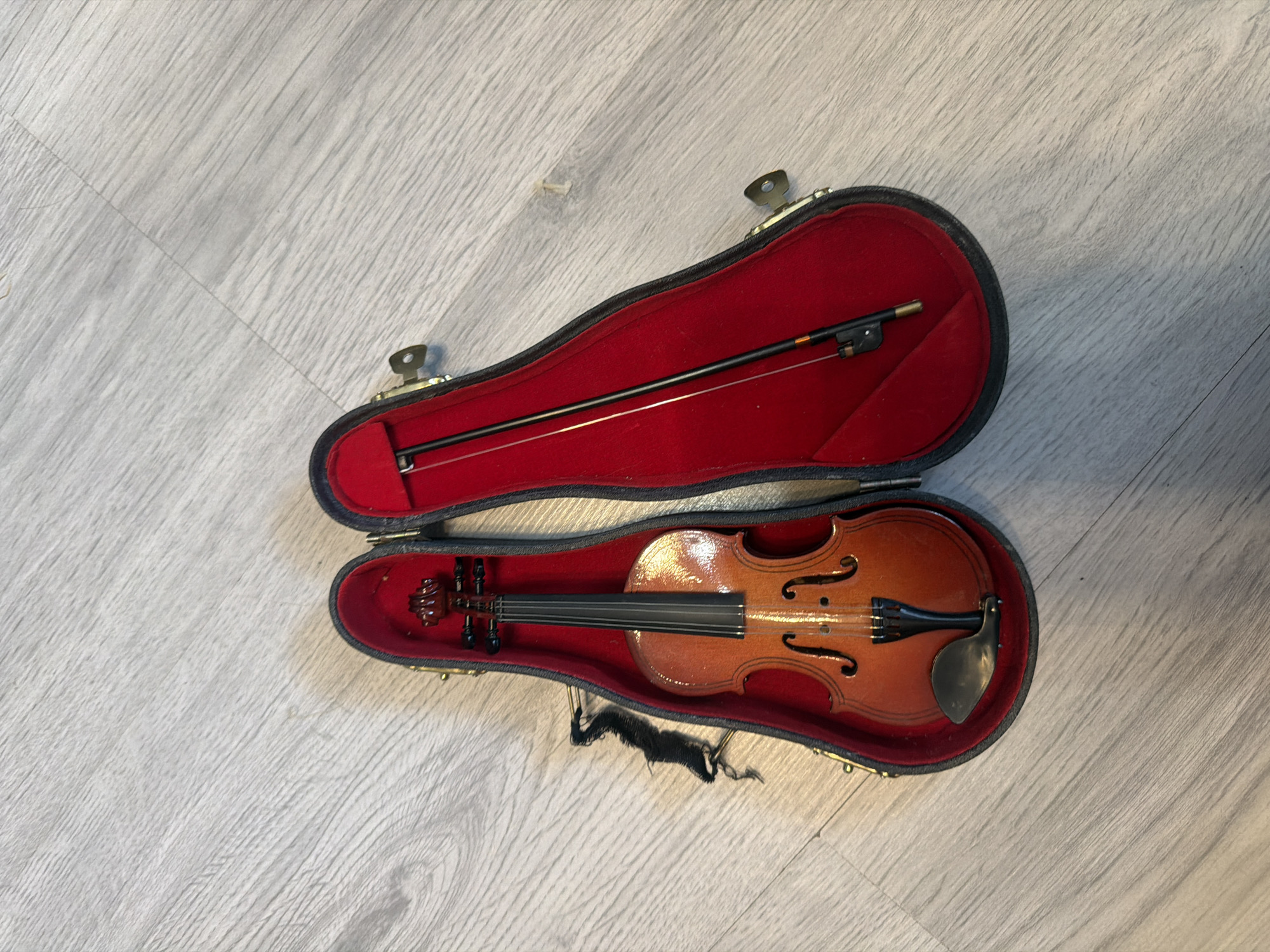 A miniature violin is displayed in its open black case with a red velvet interior. The violin is positioned on the left side of the case, while a bow rests on the right. The case is situated on a light-colored wooden floor. The overall scene is static, with no people or observable actions. The location is described as Unknown, Unknown.