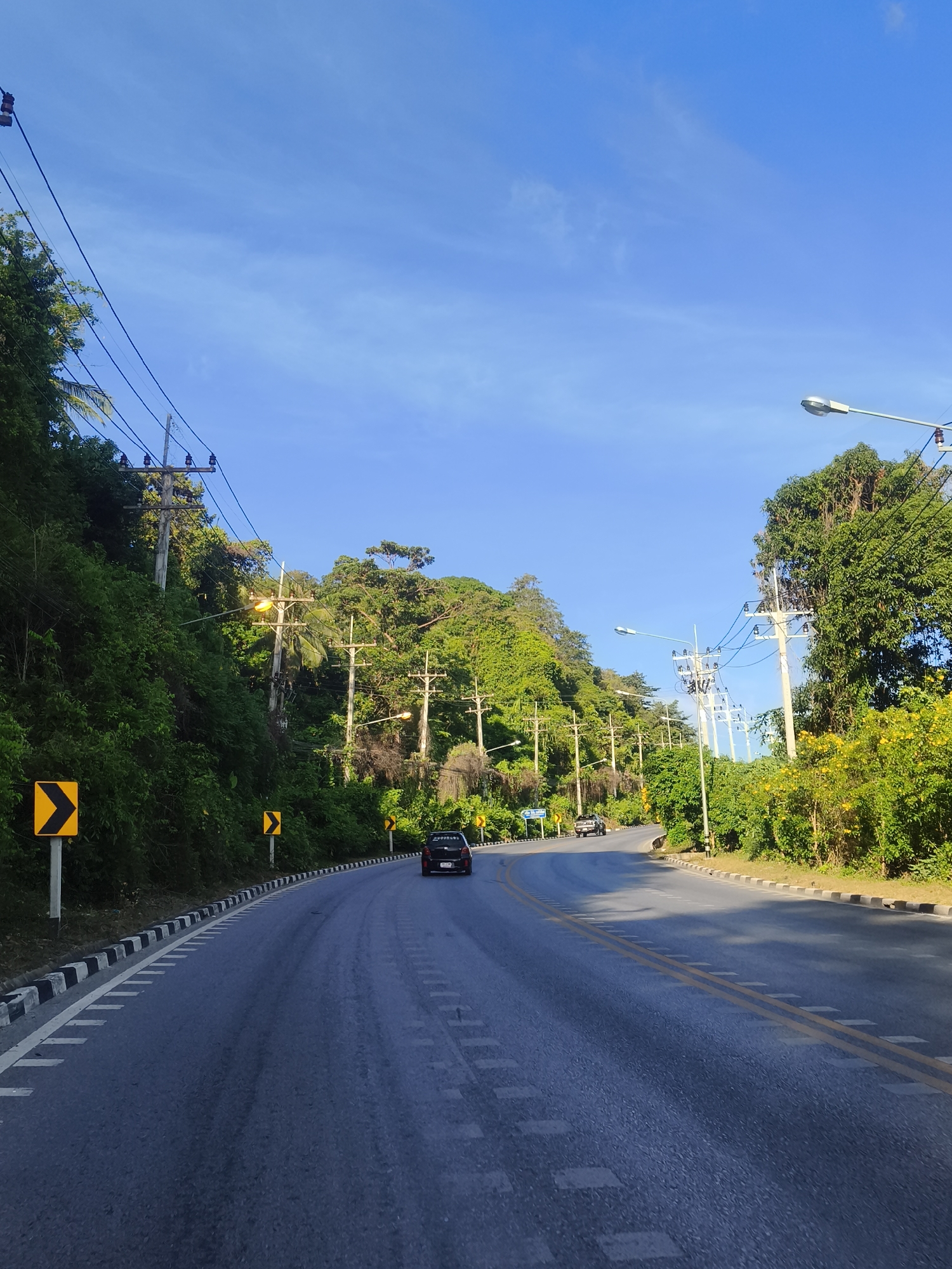 The image depicts a paved road curving through a lush, green, mountainous landscape under a clear blue sky. The road has a double yellow line in the center and a black and white striped border. Several cars are visible on the road, and numerous utility poles with wires line the sides, with streetlights attached to some of them. Yellow directional signs indicating curves are posted along the roadside. The vegetation is dense with trees and bushes, suggesting a tropical environment. The scene appears to be located on a sunny day in the city of Baan Thong Po, Thailand.