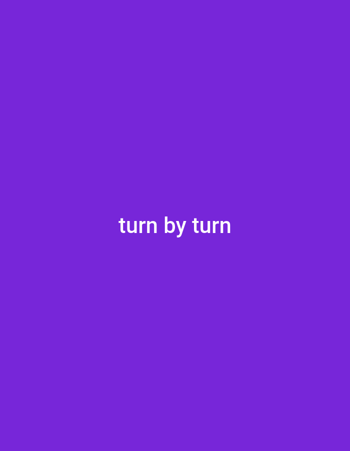 A plain purple background fills the frame of the image. Centered in the middle of the background are the words "turn by turn" in white text. The text is plain and sans-serif.