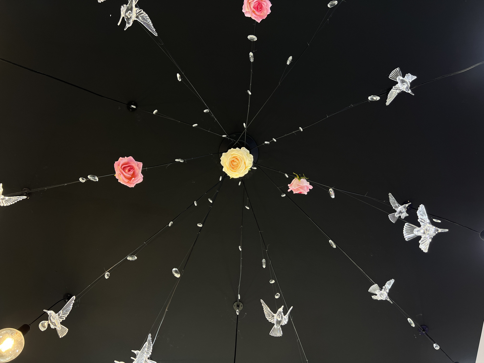 The image is a low-angle shot of a ceiling. The ceiling is dark and decorated with a chandelier-like arrangement. The arrangement features black rods radiating from a central point. These rods are adorned with clear crystals, transparent bird figurines, and roses in shades of pink and cream. A light bulb is visible in the lower left corner. There is no evidence to determine the location of the scene in the city of Sofia, Bulgaria. There are no people depicted in the image.