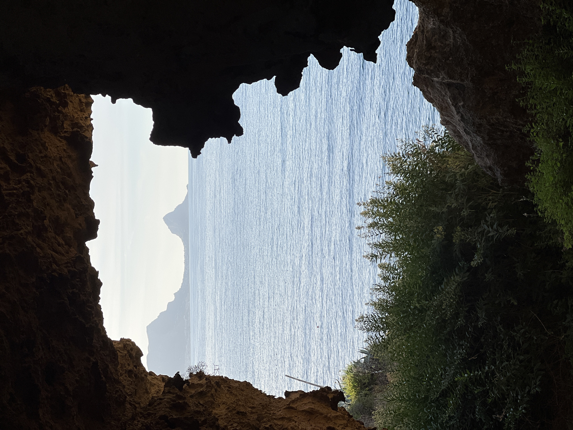 The image presents a view from within a dark rock formation, likely a cave or overhang, overlooking the sea and distant land in Sperone, Italy. The immediate foreground consists of jagged, dark brown rock formations, textured with visible strata and irregularities, framing the scene. Below the rock opening, dense, dark green foliage, including tall, leafy plants and shrubs, partially obscures the immediate terrain. A thin, light-colored pole extends vertically from the vegetation on the lower left.
The midground is dominated by a calm, blue-grey body of water with subtle ripples on its surface. A small, spherical red object, possibly a buoy, floats in the water slightly to the left of the central axis. In the background, across the water, distant landmasses composed of hazy, desaturated mountains or large hills are visible under a light grey-blue sky, which appears brighter towards the horizon. One prominent, conical peak is visible on the right side of the distant land. No individuals, animals, or additional man-made structures are discernible within the frame.