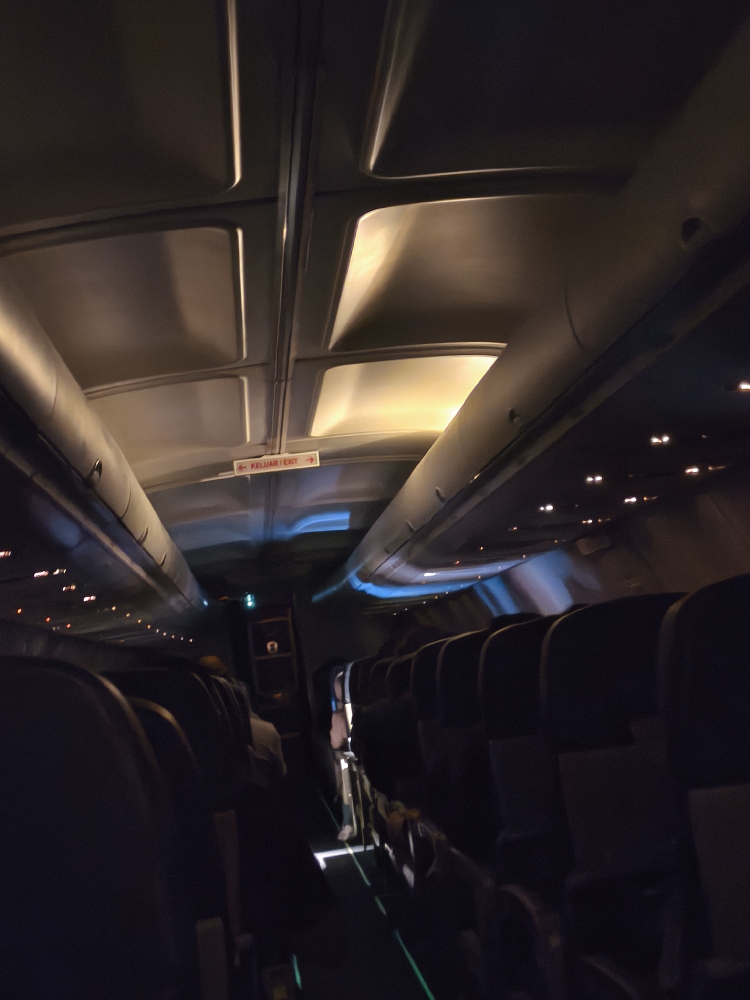The image shows the interior of an airplane cabin at night, with rows of dark seats and overhead compartments. The lighting is dim, with illuminated exit signs and individual reading lights visible. The overall impression is one of a quiet, enclosed space. The image is dark and blurry, suggesting it was taken with a low-quality camera or in low light conditions.