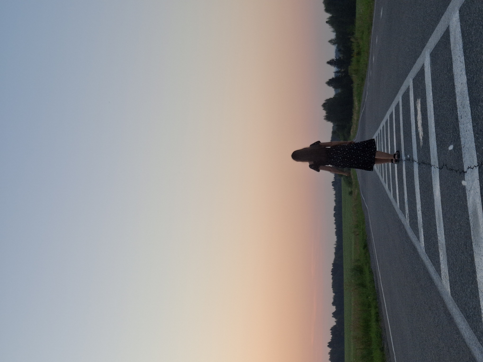 The image depicts a solitary young woman from behind, walking on an asphalt road at dusk. She is wearing a dark, short-sleeved dress with a small white pattern and dark sandals. The road has white dashed lines marking a crosswalk or pedestrian crossing. The background features a flat landscape with a line of dark green trees and a field of green grass. The sky above is a gradient of soft blue and pale orange hues, indicating the setting sun. The location is specified as Perevoznoe, Russia.