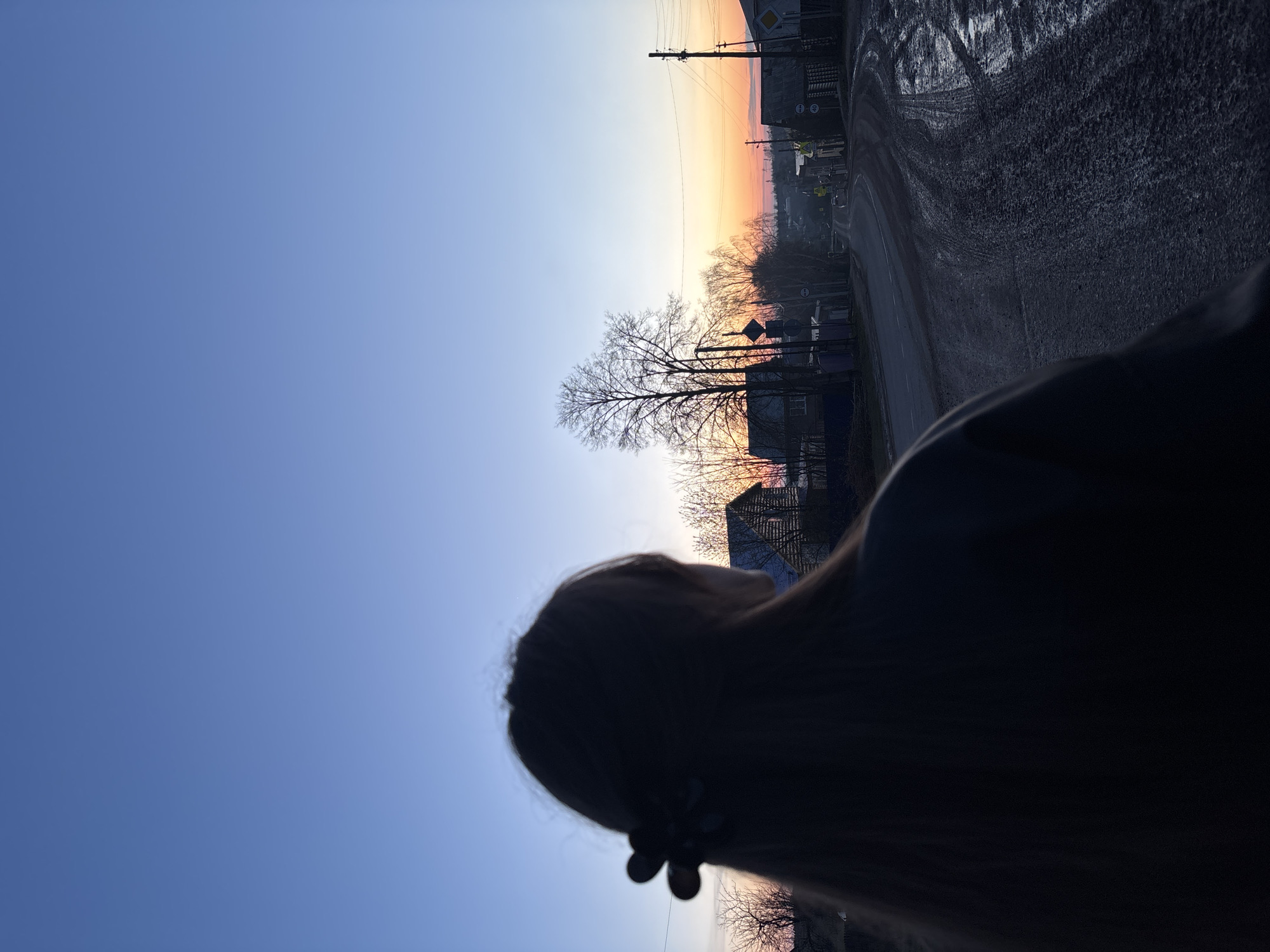 A long, sideways photograph shows an orange and pink sunset over Фоки, Russia. In the foreground, a person's dark silhouette is partially visible. The road is wet, and the buildings on the right side of the image are dark. A bare tree stands out against the sunset. Power lines run across the sky.