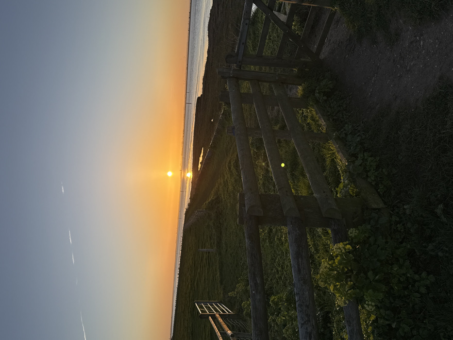 The scene depicts a landscape at either sunrise or sunset over a wide body of water, identified as the River Yare or Breydon Water in Great Yarmouth, United Kingdom. The sky transitions from a deep blue at the zenith to vibrant orange and yellow at the horizon. The sun, a bright orange disk, is positioned low above the horizon, casting a distinct reflection on the calm water surface directly below it. Two faint, linear contrails are visible in the upper left portion of the sky.
In the foreground, a rustic wooden fence constructed from thick posts and four horizontal rails extends across the lower right and center. A narrow dirt path is visible immediately in front of this fence. Green vegetation, including plants with small white flowers, grows densely at the base of the wooden fence. To the left, a grassy embankment slopes towards the water, separated by a wire fence with wooden posts. Further along this wire fence, a metal gate stands partially open.
The expanse of water, visible from the midground to the distant horizon, contains several slender, dark vertical markers or buoys. No individuals or animals are present in the frame.