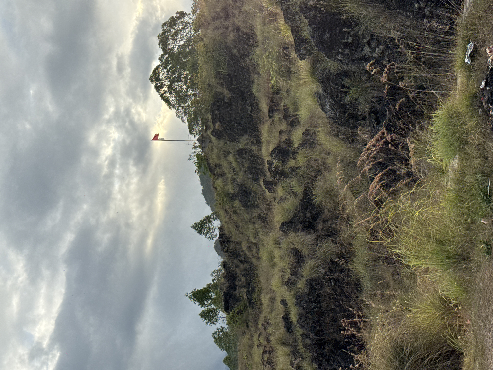The image depicts a natural landscape on a cloudy day, likely in Kintamani, Indonesia, given the rocky, grassy terrain and distant trees. A prominent red flag on a pole stands atop a rocky outcrop in the middle ground, silhouetted against the bright sky. The foreground is filled with dry, tall grass and dark, uneven rock formations. The background shows more hills covered in vegetation and a dense cluster of trees. The lighting suggests it is either early morning or late afternoon, with a soft, diffused light. There are no people or animals visible in the scene.
