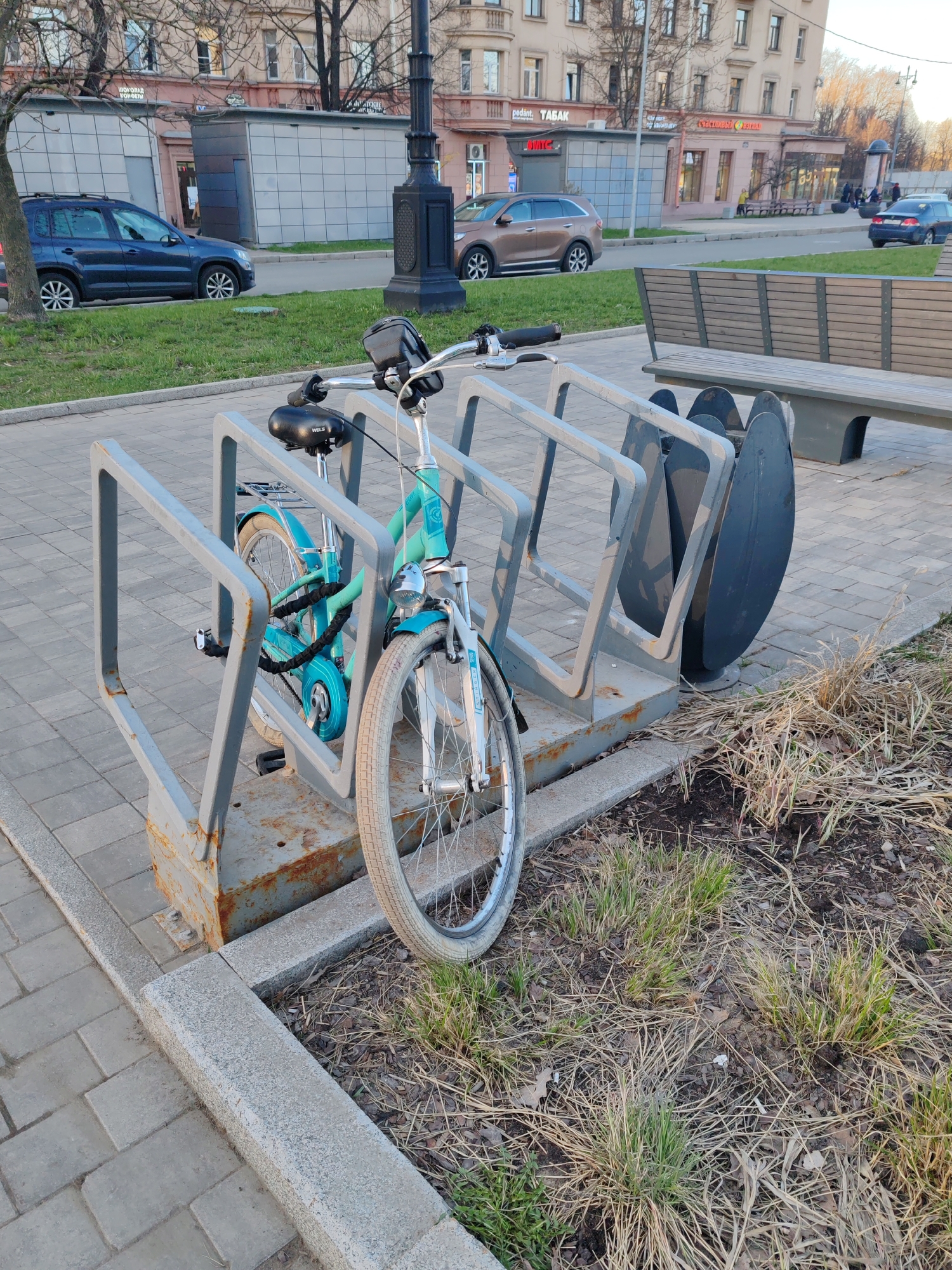 The image shows a light blue bicycle secured to a gray metal bicycle rack. The rack is located on a paved area next to a patch of dry grass. Behind the rack is a wooden bench. In the background, across a street with moderate vehicular traffic, are several buildings. Some of the buildings feature signs with words like "TABAK" and "ШОКОЛАД КОНФЕМ". The scene appears to be in Saint Petersburg, Russia, based on the Cyrillic script on the signs.