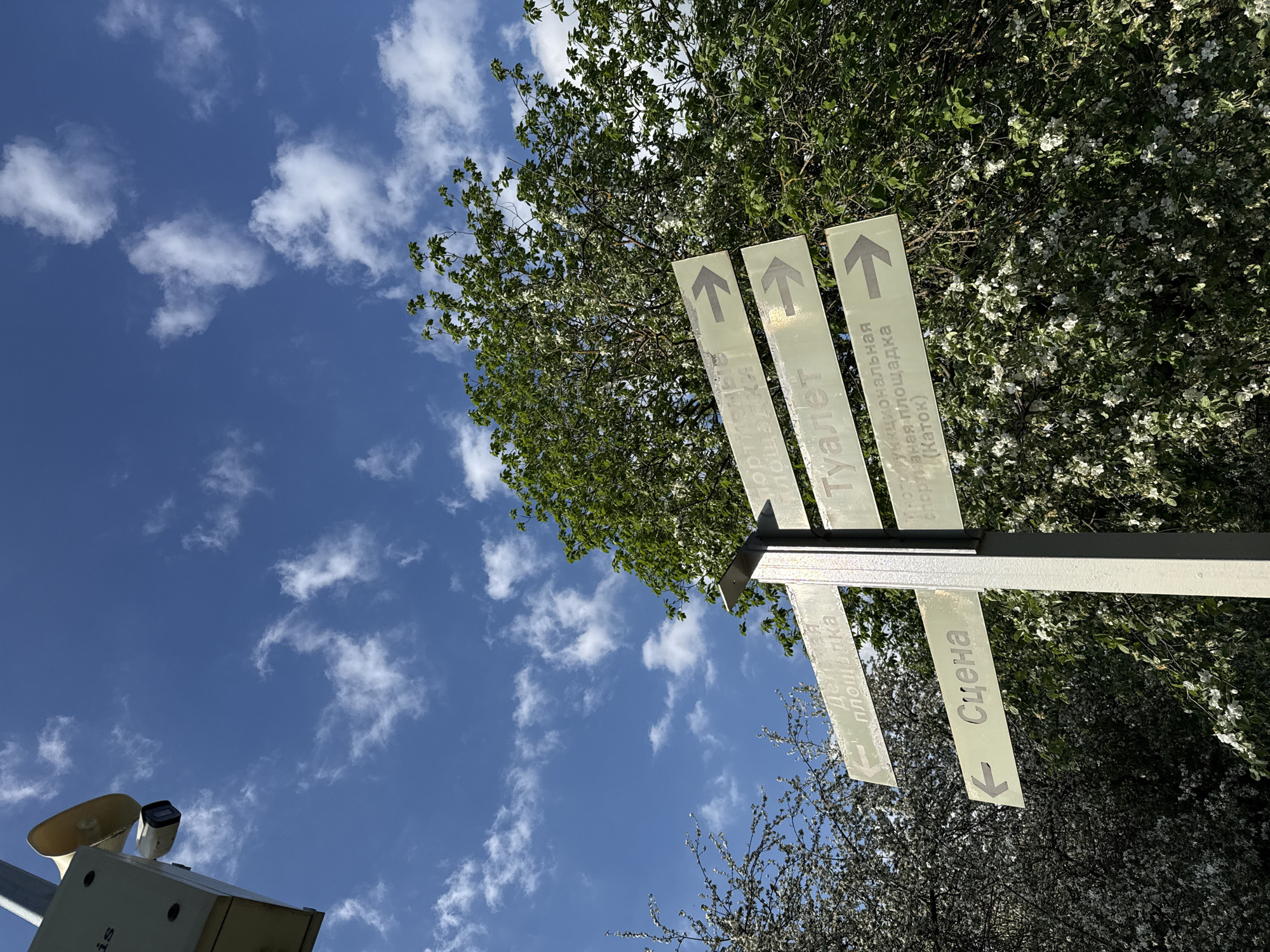 The image depicts a low-angle view of a directional signpost in Moscow, Russia, against a backdrop of a partly cloudy blue sky and trees. The signpost has multiple signs pointing in different directions. The Russian words "Туалет" (Toilet) and "Сцена" (Stage) are visible on the signs, among others. Some signs have arrows indicating the direction. The trees are in bloom, with white flowers. A surveillance camera and a loudspeaker are mounted on a pole, visible at the bottom left corner of the image.