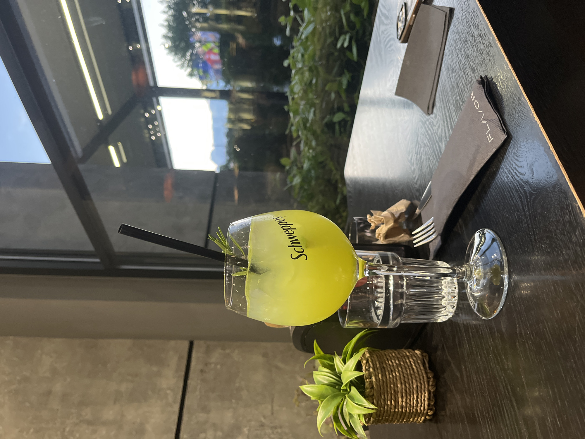 A close-up shot taken indoors at "Flavor," a restaurant located in Blagoevgrad, Bulgaria, focuses on a cocktail served in a stemmed glass. The drink, possibly Schweppes, is garnished with a sprig of rosemary and a black straw. The glass is set upon an additional glass which appears to be an old fashioned with a pattern on it. A small potted plant sits next to the glass, near the bottom of the image. Above the drink, there is a place setting of silverware, a card with "Flavor" printed on it, and a small notebook. A large window is visible in the background, overlooking greenery outside.