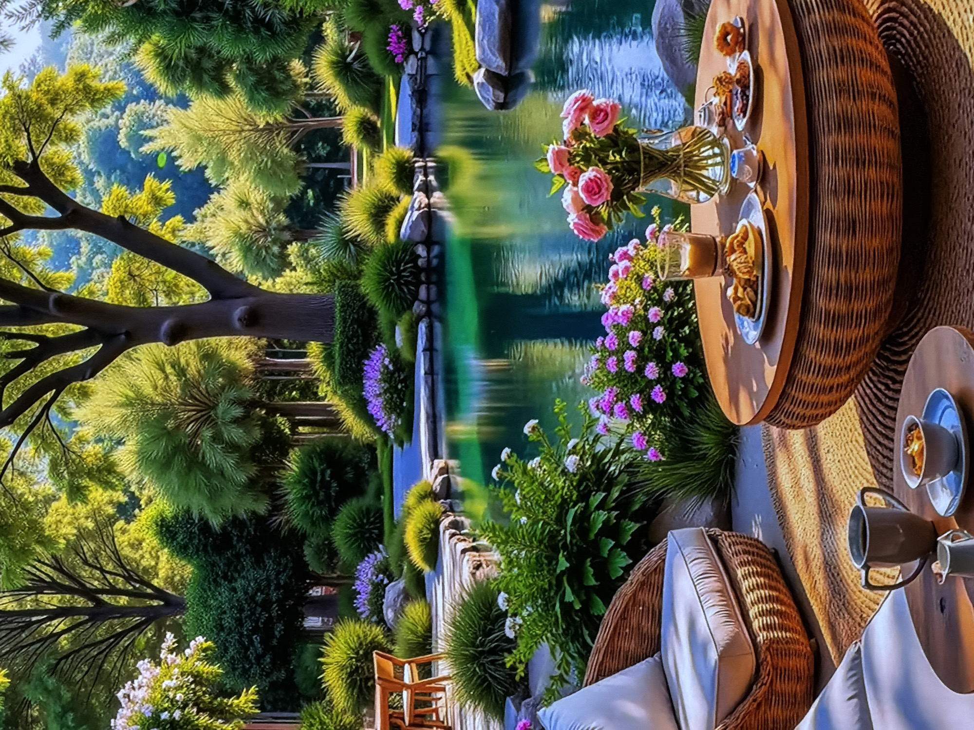 The image displays a picturesque and luxurious outdoor setting, likely a garden or patio area, centered around a tranquil body of water that resembles a pond or pool. The scene is presented vertically, but if oriented horizontally, it shows a patio area in the foreground transitioning to a lush garden and water feature further back.
In the foreground, to the right, there are comfortable wicker armchairs with light-colored cushions and two round wooden tables. One table holds a clear glass vase filled with pink roses, several plates with pastries or snacks, a glass of a beverage, and smaller cups, suggesting a tea or coffee break setup. Another table has a grey mug and a smaller cup. A light-colored textured rug is visible on the patio floor beneath one of the tables.
The middle ground is dominated by the calm, reflective water feature, which mirrors the blue sky and green foliage. Its edges are lined with rocks and various types of green bushes and flowering plants, predominantly pink and purple blooms. Lush, manicured greenery, including spiky bushes and rounded shrubs, frames the water.
Further back, to the left, the garden continues with tall, mature trees featuring both dark trunks and vibrant green and yellowish foliage. The overall landscaping is meticulous and abundant, creating a serene and inviting atmosphere. The lighting suggests a bright, sunny daytime, possibly late morning or afternoon, casting gentle shadows. No people are visible, and no text is present in the image. The setting conveys a sense of peaceful relaxation in a beautifully maintained environment in Sofiivska Borshchahivka, Ukraine.
