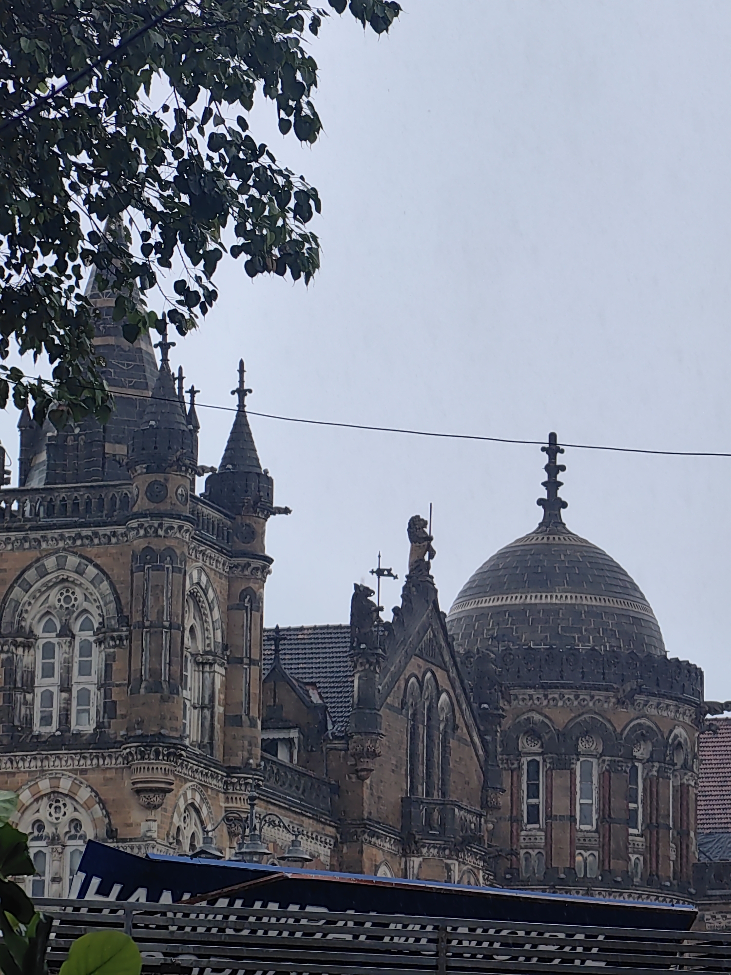 The image captures a portion of the Victoria Terminus railway station, now known as Chhatrapati Shivaji Maharaj Terminus, in Mumbai, India, on an overcast day. The focus is on the intricate architecture of the building, characterized by its Gothic Revival style, with pointed arches, ornate carvings, and multiple domes and turrets. A large, dark dome with decorative bands is visible on the right side, topped by a finial. To its left, several smaller, conical turrets pierce the sky, adorned with finials as well. Gargoyle-like figures are visible near the roofline of the turrets. The building is constructed from reddish-brown stone and dark gray stone, with white stone detailing around the windows and arches. Several tall, narrow windows with white panes are visible. In the foreground, partially obscuring the lower portion of the building, are a dark blue and silver structure with horizontal bars, and lush green foliage from a tree on the left, with its dark green leaves and branches silhouetted against the pale sky. The sky is a uniform, light gray, indicating cloudy weather. No people are visible in the frame. The scene is static, with no discernible action taking place.