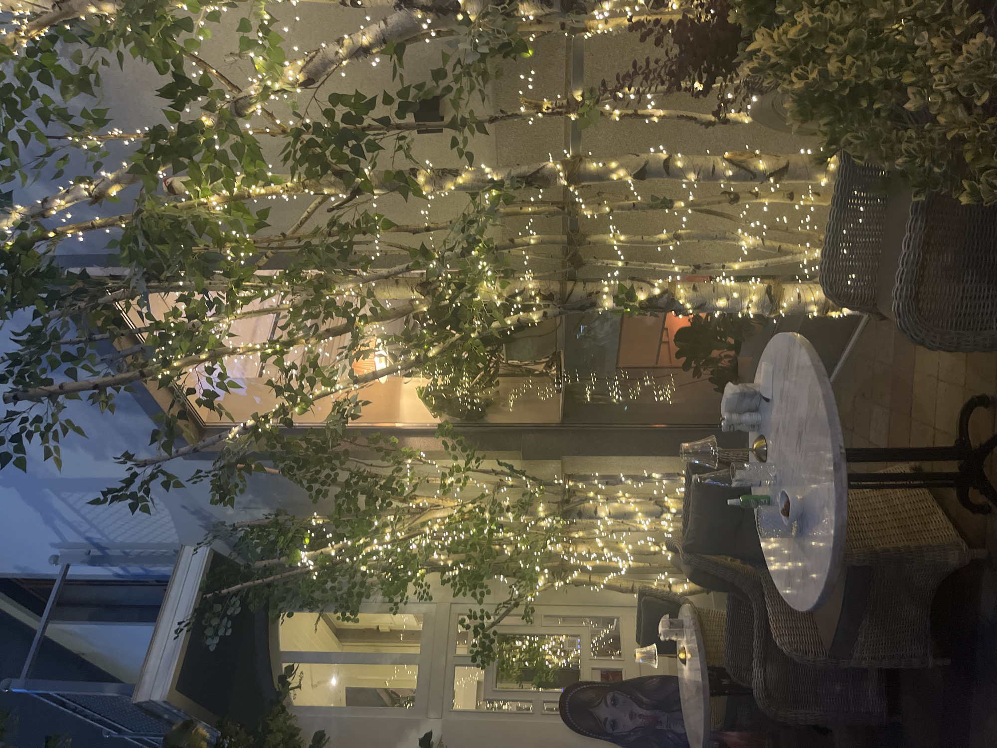 The image depicts an outdoor seating area at night, likely a cafe or restaurant patio. The setting is adorned with numerous strings of white fairy lights wrapped around the trunks and branches of several birch trees, creating a warm and festive ambiance. The trees are situated in front of a building with large windows, through which internal lighting is visible.
In the foreground, two round marble-topped tables with dark metal bases are set up. One table, closer to the viewer, has a small bowl of food, a glass, and what appears to be a salt and pepper shaker. The other table, further back and to the left, also has a small lamp and is partially obscured by a decorative cutout of a person with dark hair and a melancholic expression.
Several wicker chairs with cushions are placed around the tables, suggesting a comfortable seating arrangement. The flooring appears to be paved. In the background, the building facade is light-colored, and a balcony with a railing is visible on the upper level.
The scene suggests a pleasant evening setting for patrons to enjoy food and drinks amidst the decorative lights. There are no active interactions or specific actions being performed by any discernible individuals in the image. The location is stated to be in the city of Krasnodar, Russia.