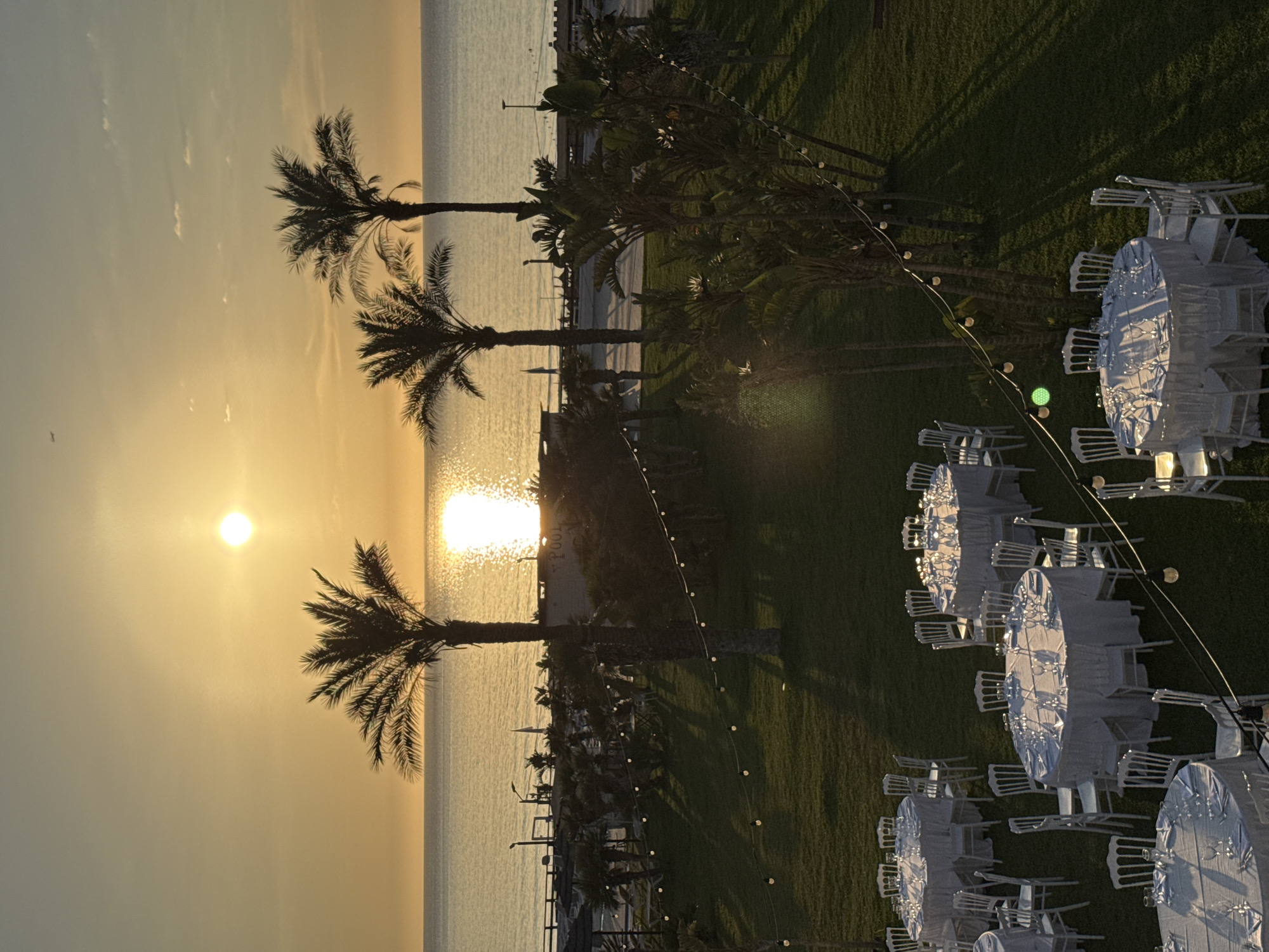 This image presents an outdoor event setup at sunset or sunrise in Isola delle Femmine, Italy, overlooking a calm sea. The sun is a bright, circular orb low on the horizon, creating a prominent golden reflection path across the water. The sky transitions from a brilliant orange and yellow near the horizon to a lighter blue-grey at the top, with a small aircraft visible in the upper left quadrant.
Three dominant palm trees stand silhouetted against the sunlit sea and sky, casting long, distinct shadows onto a manicured green lawn in the foreground. The lawn is populated with several round tables, all covered with white tablecloths and surrounded by white chairs. Each table is meticulously set with plates, cutlery, and glassware. String lights with exposed bulbs are strung horizontally across the lawn, extending into the midground.
Beyond the lawn, a darker strip of land or promenade borders the sea, featuring various indistinct structures, some appearing to be beach umbrellas or small buildings. A sign displaying "Y POOL" is partially visible on a structure to the right. Additional tropical foliage is scattered throughout the midground. No people are present in the scene.