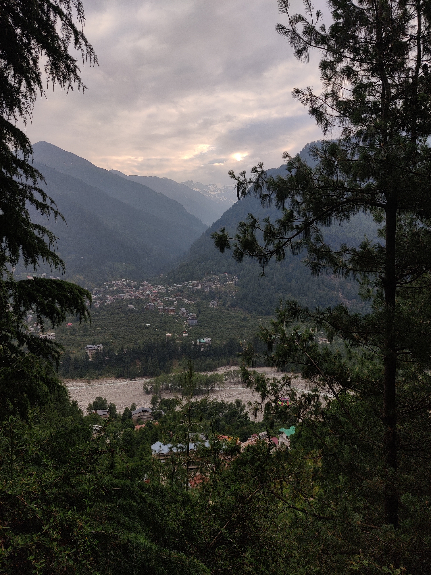 This is a landscape photograph taken from a wooded vantage point overlooking a valley. The scene depicts a village nestled amongst lush green hills, with a riverbed or rocky stream running through the foreground. In the distance, majestic mountains rise, their peaks dusted with snow, under a cloudy sky with patches of diffused sunlight.
The village is characterized by numerous buildings, including houses and what appear to be guesthouses or hotels, clustered together and spread across the slopes. The architecture suggests a residential and tourist area. The dense foliage of pine trees in the foreground frames the view, creating a sense of depth and immersion. The branches of these trees are visible, with their characteristic needles, adding a natural, organic element to the composition.
The time of day appears to be either early morning or late afternoon, given the soft, diffused light and the muted colors, suggestive of dawn or dusk. The weather seems overcast, with the sun breaking through the clouds in a subtle, ethereal glow. The overall mood is tranquil and serene, evoking a sense of peace and natural beauty. The location is identified as Vashisht, India, which is known for its mountainous terrain and natural hot springs, fitting the visual elements presented in the photograph. No visible text is present in the image.