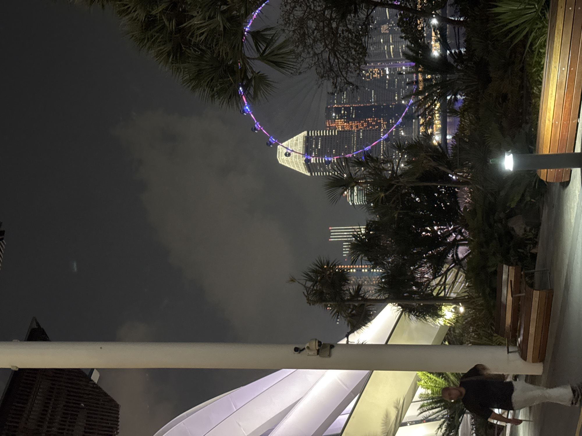 A nighttime, eye-level, medium shot captures a view of the Singapore Flyer ferris wheel and surrounding city skyline. A man, seen from the waist up, walks from left to right across the frame on a paved walkway. He is wearing a dark t-shirt and light-colored pants, with a bag slung over his left shoulder. To the left of the man, a large, curved, illuminated structure with white panels is partially visible. A white pole with a mounted security camera is in the foreground to the left. Several palm trees and dense foliage are interspersed throughout the middle ground, with the Singapore Flyer and a tall, illuminated skyscraper behind them. The ferris wheel is lit with colorful LED lights, and the skyscraper features a distinct pyramid-like top. Other buildings in the background are also illuminated. Two wooden benches are visible in the foreground, one to the right of the man, and another further right and slightly behind it. A small, illuminated lamp post stands to the left of the rightmost bench. The sky is dark with some clouds.