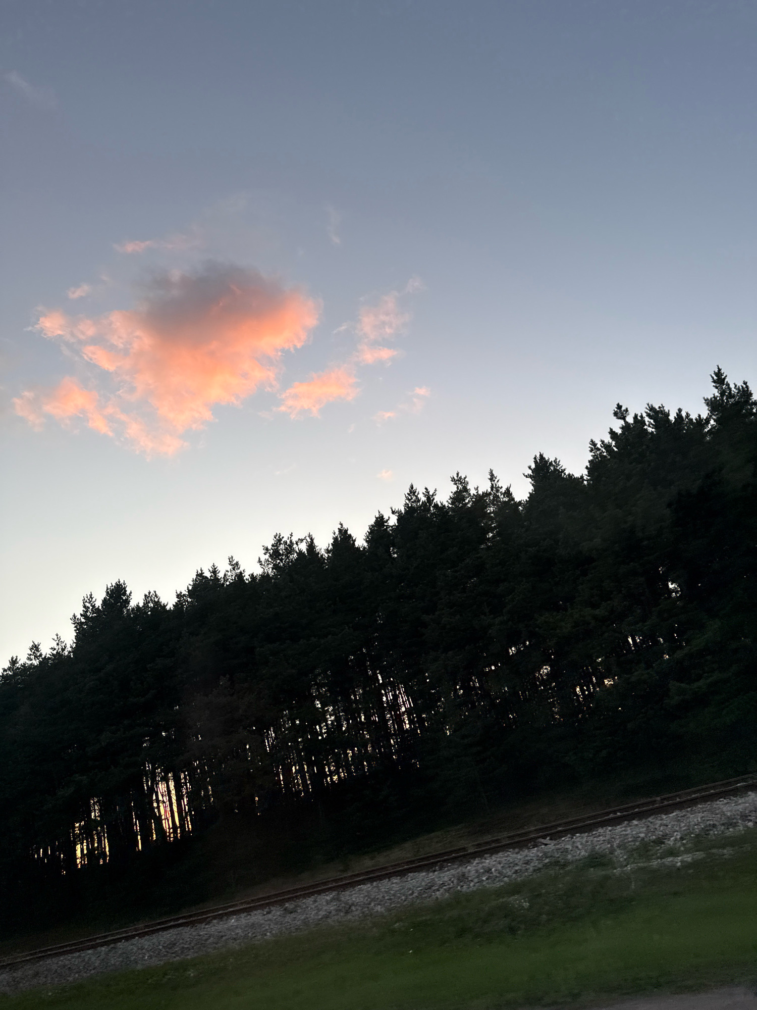 The image depicts a rural or suburban landscape at dusk, with a clear sky transitioning from a pale blue to a darker hue. A single, small cloud is illuminated by the setting sun, casting a warm, peachy glow. Below the sky, a dense line of dark evergreen trees forms a silhouetted horizon, suggesting a forest or a wooded area. In the foreground, a set of train tracks runs diagonally across the frame, bordered by green grass. The overall impression is one of natural beauty and tranquility, with the subtle colors of the sunset creating a peaceful atmosphere. There are no people or specific urban elements visible, making it impossible to pinpoint a location within Tallinn, Estonia.