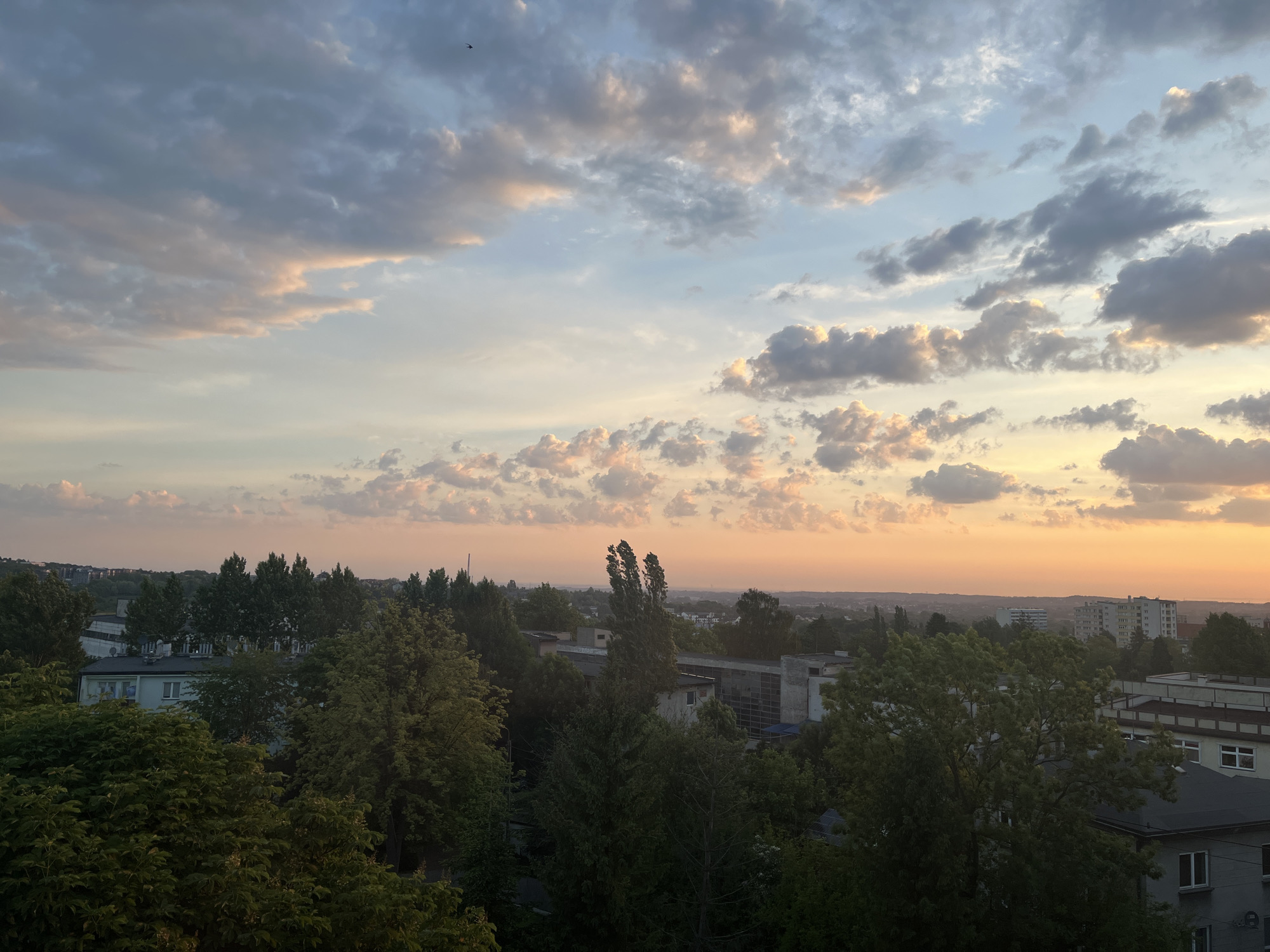 This image captures a wide, elevated view of an urban or suburban landscape at either sunrise or sunset. The sky occupies a significant portion of the frame, displaying a gradient of colors from light blue at the top to warm golden and soft pink hues near the horizon, indicative of twilight. Numerous clouds are scattered across the sky, with some appearing dark gray and others illuminated by the low sun, creating a dynamic visual texture. A small, dark silhouette, likely a bird or distant aircraft, is visible against the sky in the upper left.
Below the horizon, the scene is dominated by a mixture of lush green trees and various buildings. Dense canopies of trees fill the foreground and midground, suggesting ample green spaces within the settlement. Amidst the foliage, several multi-story buildings, including apartment blocks and other architectural structures, are visible. These buildings are predominantly light-colored, featuring white or gray facades and dark rooftops. The overall lighting is soft and warm, casting a gentle glow over the scene.
No specific human activity or people are discernible in the image. The atmosphere conveyed is one of peacefulness and tranquility. There are no identifiable location cues or visible text within the photograph. The elevated vantage point offers a comprehensive overview of the city's blend of natural elements and constructed environment.