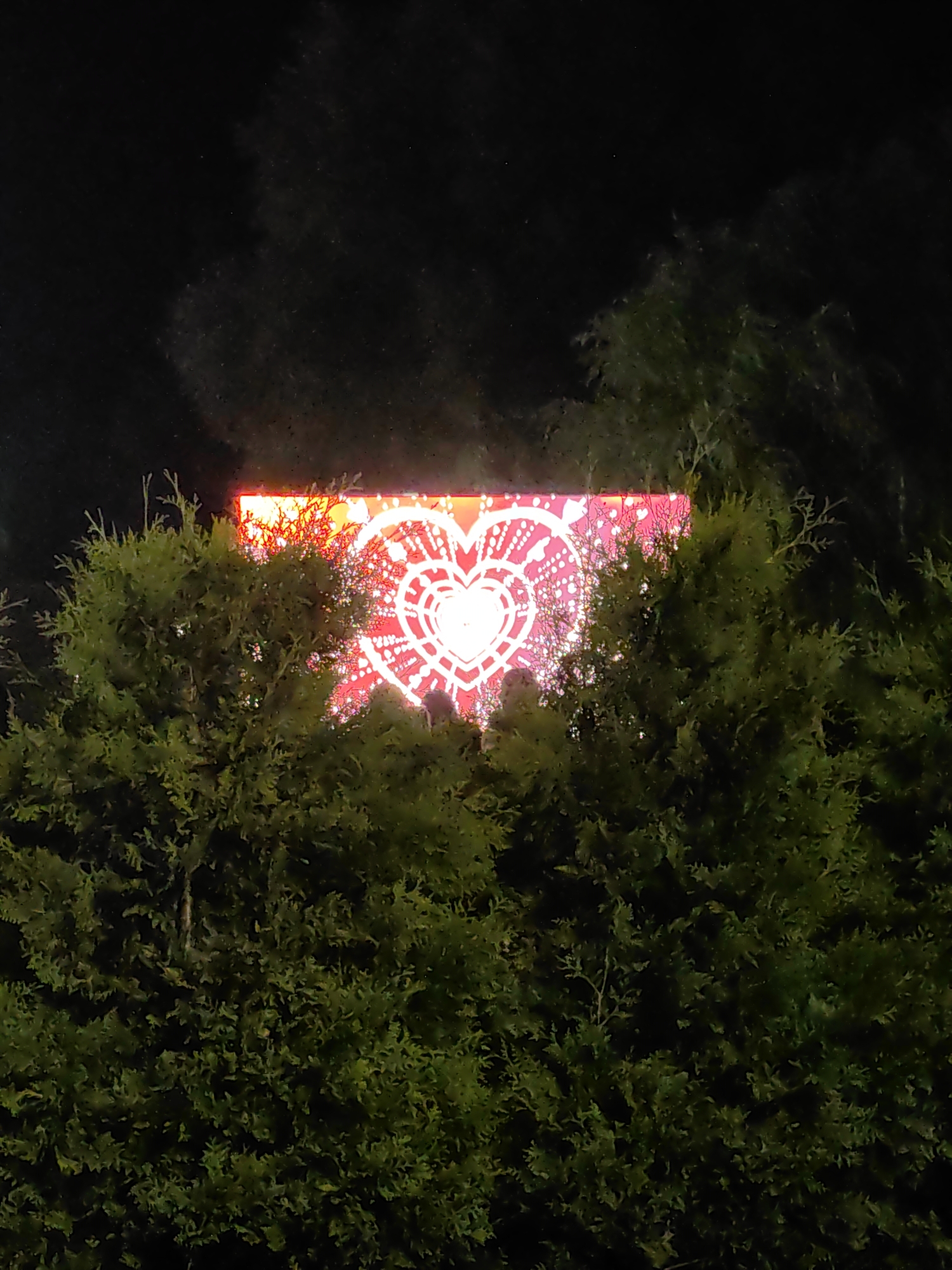 An outdoor, nighttime scene shows a large, illuminated display of a heart shape formed by white lights against a red background. The display is partially obscured by the branches and foliage of dark green evergreen trees in the foreground. The display is situated high up, possibly on a building, and is glowing brightly. The overall impression is of a festive or decorative installation. The location is identified as Myadzyel, Belarus.