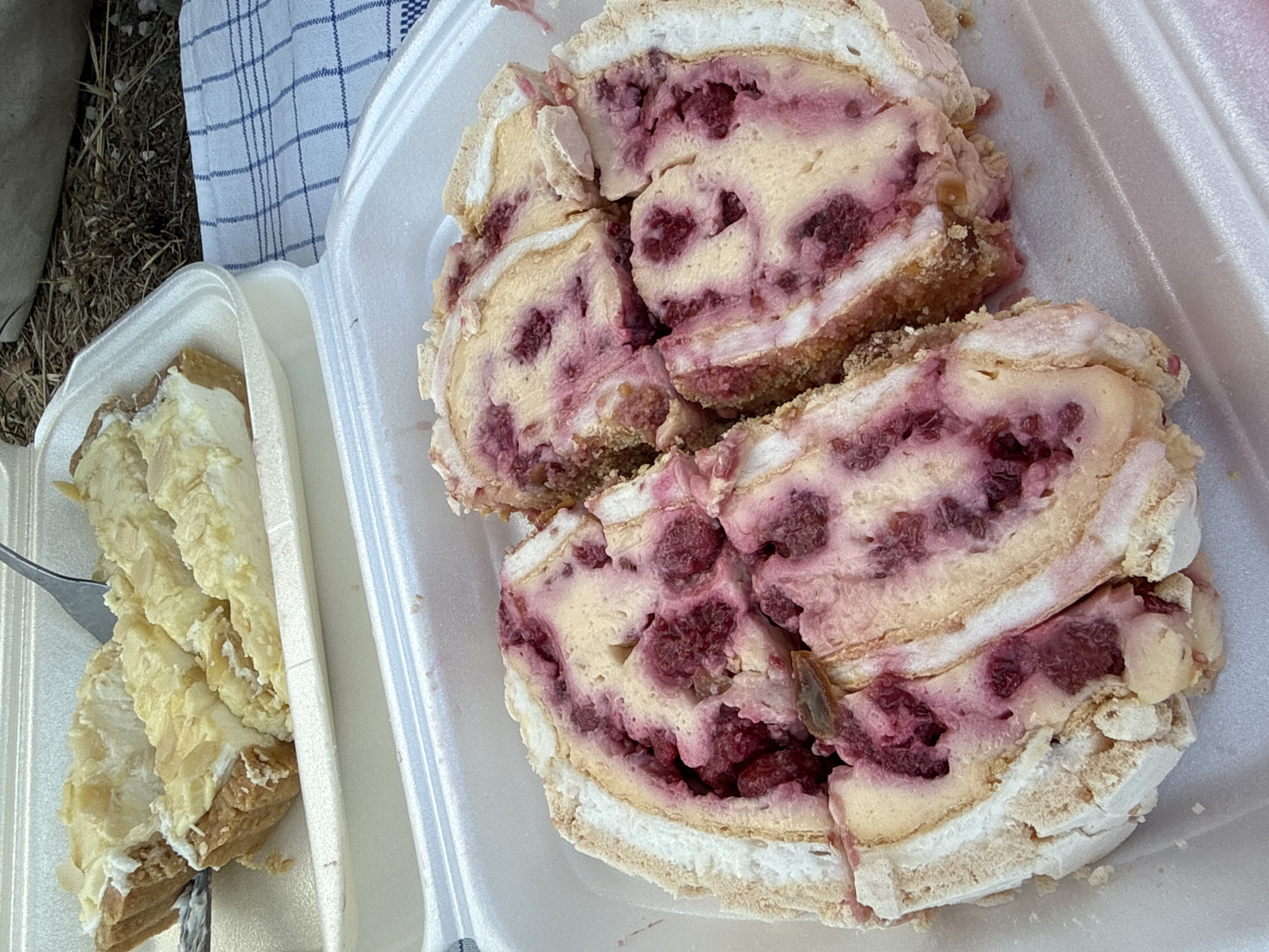 Two white styrofoam containers of dessert are on a checkered blue and white cloth. In the foreground, a white styrofoam container holds a sliced roulade cake with meringue, cream, and raspberries. The cake is cut into four pieces, revealing the swirl of cream and red raspberries. In the background, another white styrofoam container holds sliced tart with a flaky crust, cream filling, and sliced almonds. A fork is in the tart. The setting appears to be outdoors, with dry grass and dirt visible in the background. The image was taken on June 23, 2024, in Đurići, Montenegro.