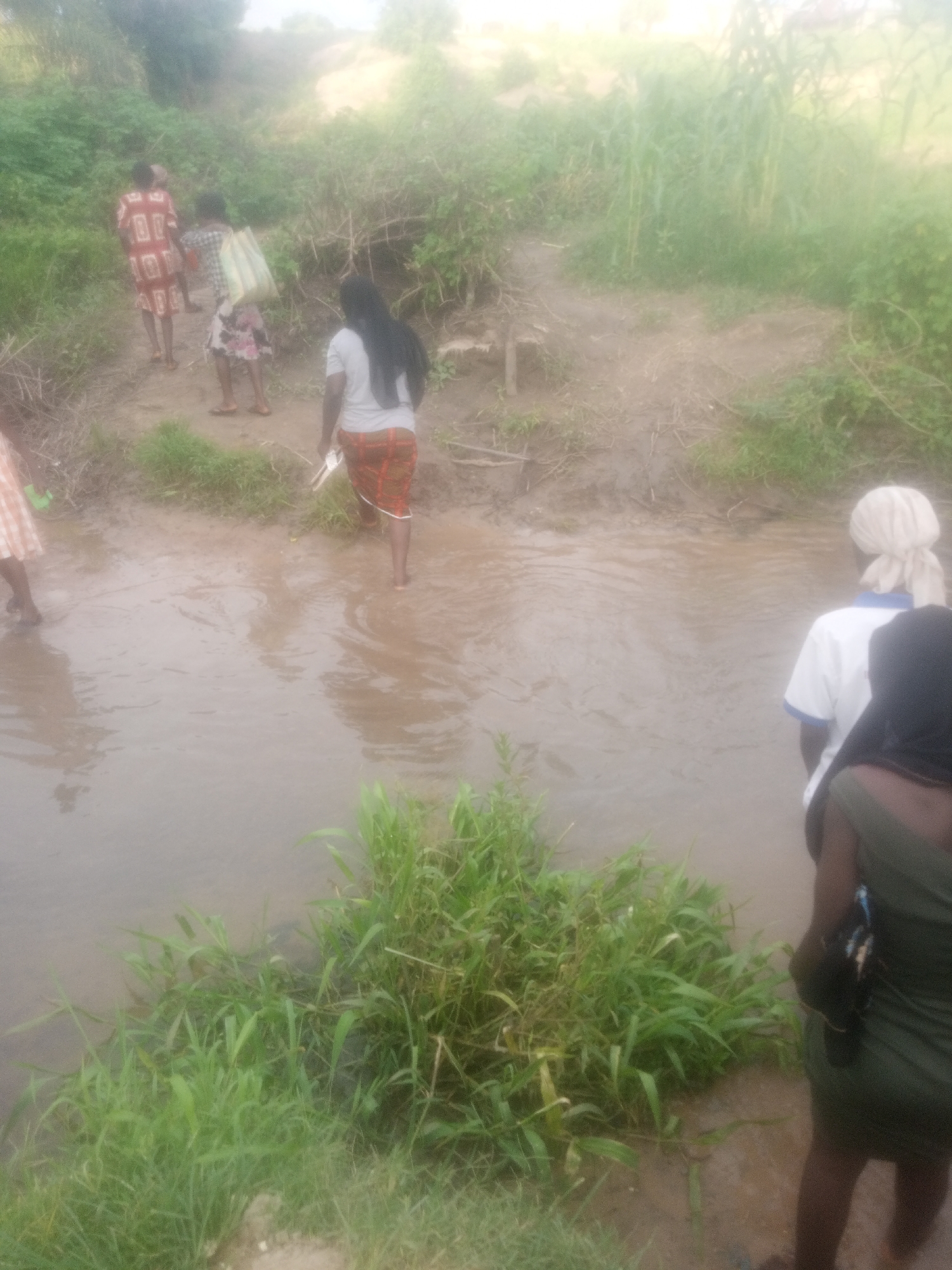 In Serti, Nigeria, a group of individuals is observed wading through a shallow body of water, likely a river or stream. The scene is characterized by muddy terrain and lush green vegetation along the banks. Several people, predominantly women and girls, are visible in the image. One person is wearing a red and white patterned dress, another a pink and white floral skirt with a white top, and a third a white t-shirt with an orange and white patterned skirt. One individual carries a light-colored bag over their shoulder. The water is murky and reflects the overcast sky. In the foreground, a person in a green dress is partially visible, facing away from the camera, and another person in a white t-shirt with a blue collar and a light-colored headscarf is also seen from behind. The overall impression is one of everyday activity in a rural Nigerian setting.
