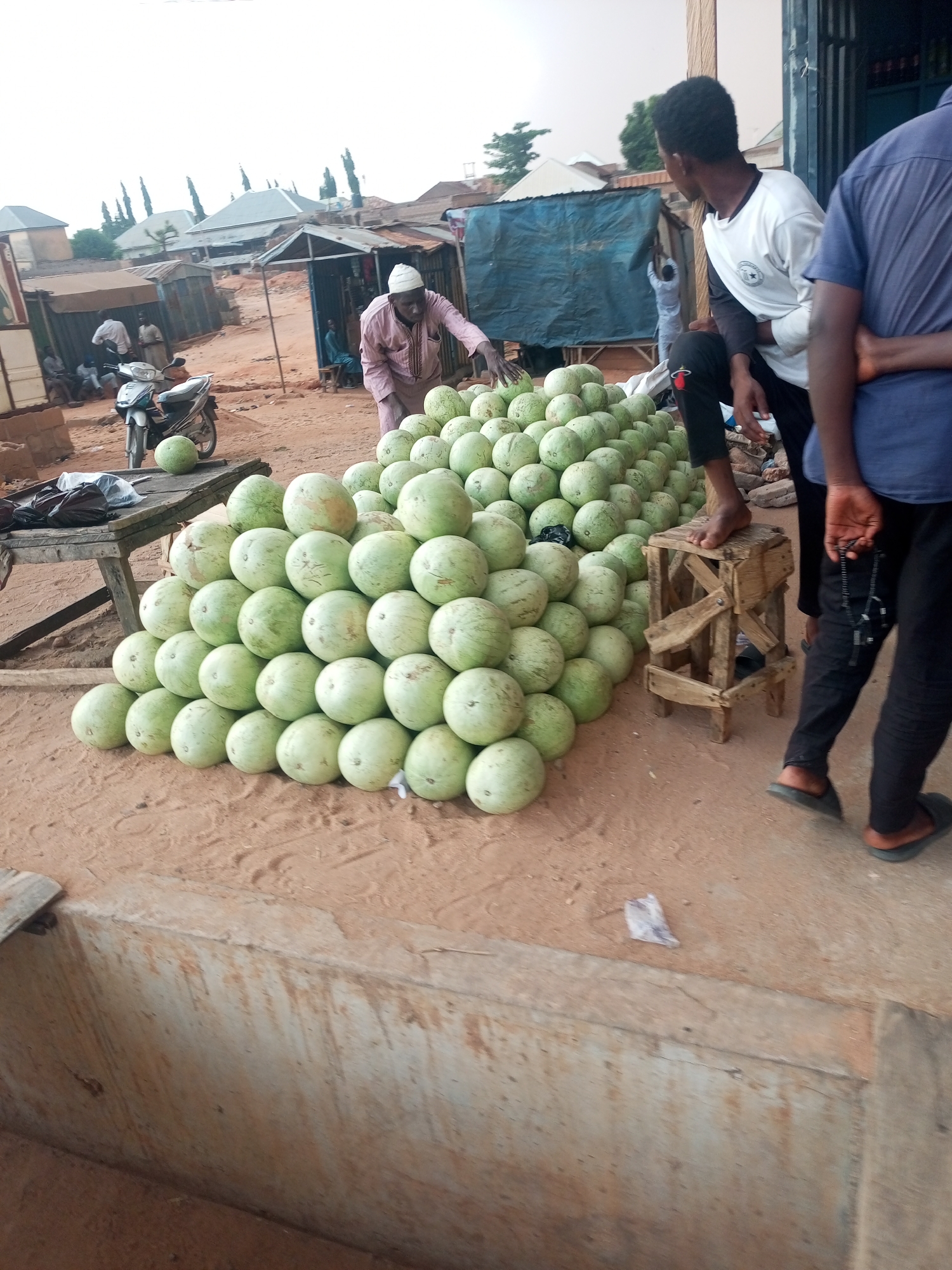The image depicts a marketplace scene in Gombe, Nigeria. A large pyramid of round, green watermelons dominates the center of the frame, arranged on a dirt ground. A man in a light pink robe stands at the edge of the pile, possibly selecting or inspecting the watermelons. Another man in a white t-shirt and black pants is sitting near the watermelon pile with a bare foot on a small, wooden stool. A third man is standing with a blue shirt. In the background, there are several small shops and vendors under makeshift shelters, some with corrugated metal roofs, indicating a bustling market environment. There is also a parked motorcycle nearby. Several other people are present in the background.