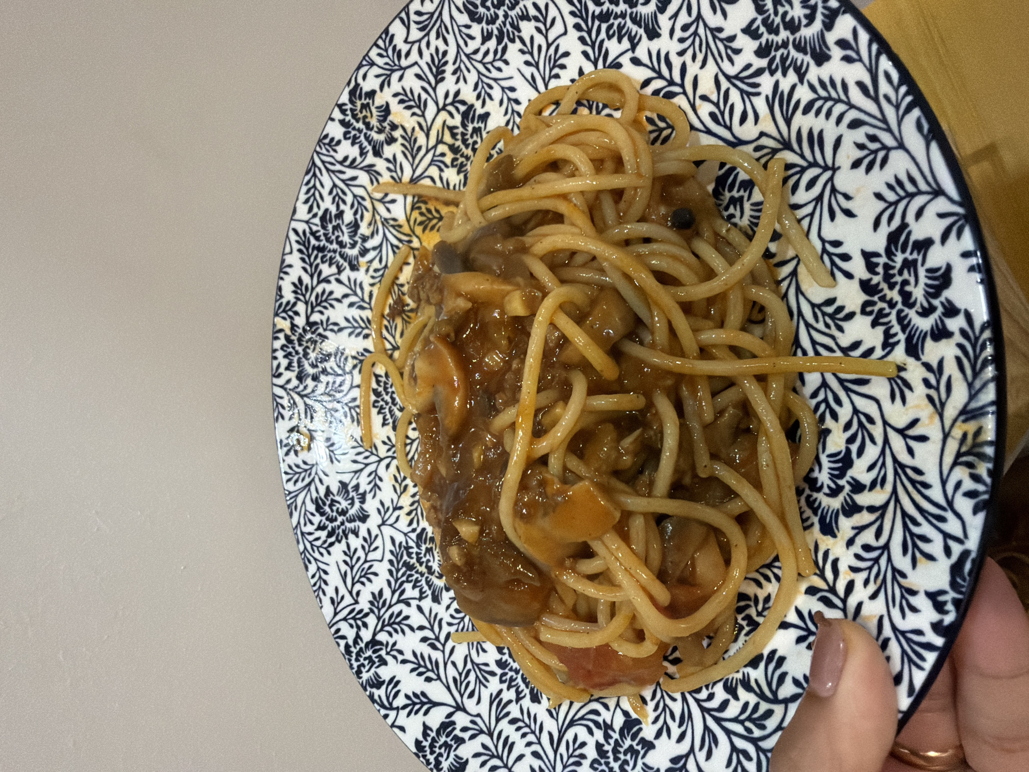 A close-up, vertical shot displays a white circular plate holding a serving of spaghetti. The spaghetti consists of light tan strands thoroughly coated in a viscous, reddish-brown sauce. The sauce contains discernible chunks, including light brown sliced mushrooms, reddish pieces that appear to be tomatoes or other vegetables, and smaller, darker particles.
The plate features a dense, intricate pattern of black floral and foliate motifs against a white background, with a dark rim along its edge. A light-skinned hand, with nails painted a nude-pink color, is visible on the lower-left, holding the plate. Two gold-toned rings are present on the fingers.
The background directly behind the plate is a plain, light beige wall with a subtle texture. A blurred, light brown or yellow surface, possibly a wooden table, is partially visible beneath the plate on the lower right. The scene is illuminated by ambient, even lighting. The location is an indoor setting.