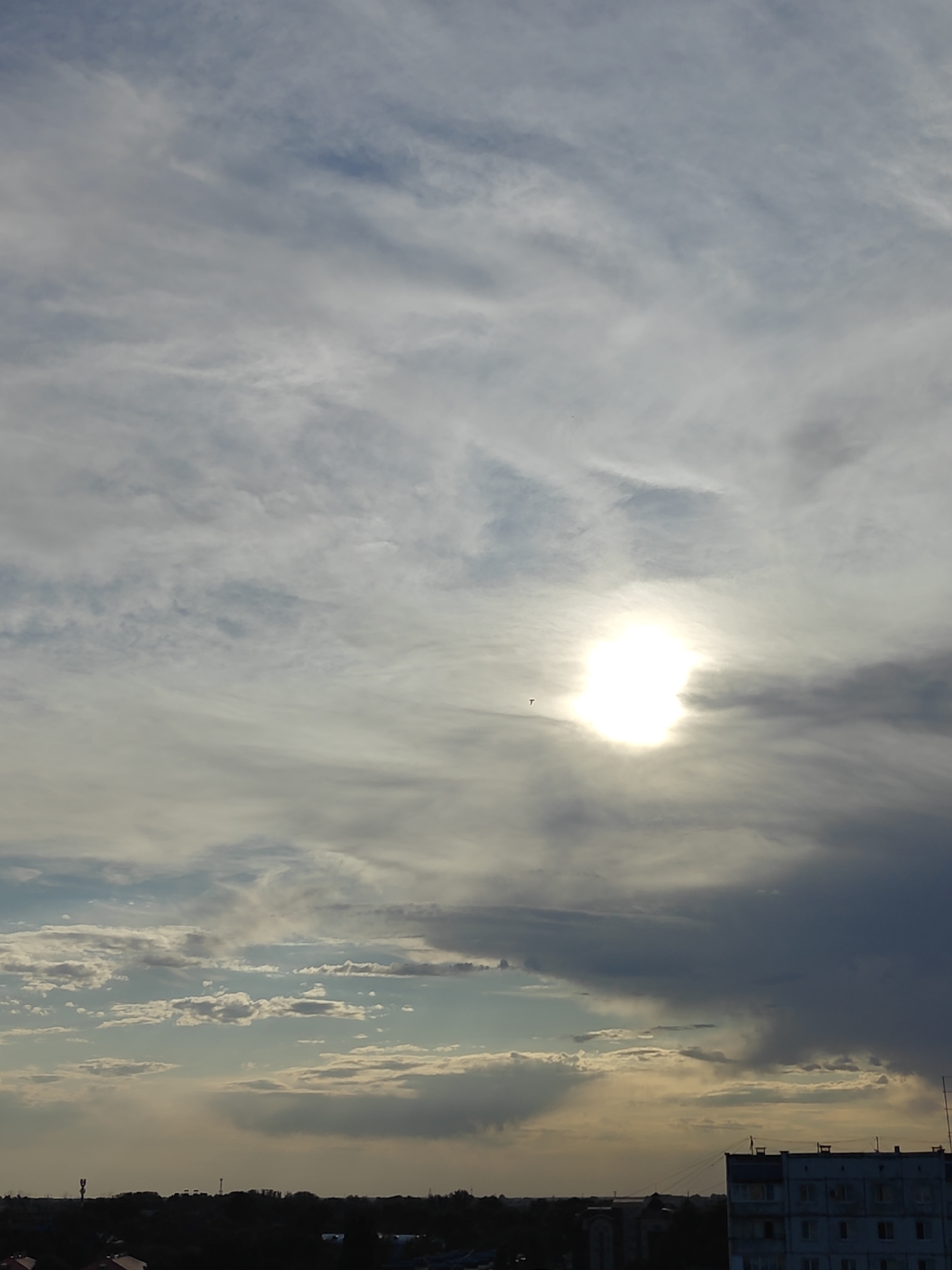 The image captures a sky over Rubtsovsk, Russia, dominated by a bright, slightly diffused sun low in the frame, surrounded by wispy, white and grey clouds. The lower portion of the image shows a dark silhouetted landscape with trees and buildings, including a multi-story building with visible windows on the right. A small, dark object, possibly a bird or drone, is visible in the sky to the left of the sun. The lighting suggests it is either sunrise or sunset.