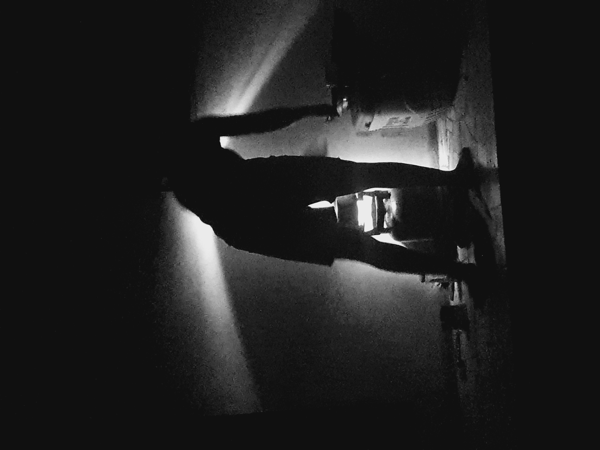 A silhouetted figure stands in what appears to be an indoor corridor or alleyway in Lokoja, Nigeria. The figure is partially illuminated by a light source originating from behind, creating strong shadows. The surrounding environment is dark, obscuring details of the architecture and other objects in the scene. The figure appears to be a person, based on the discernible body shape, wearing short pants. The exact actions and interactions of the figure are unclear. The floor surface is visible.