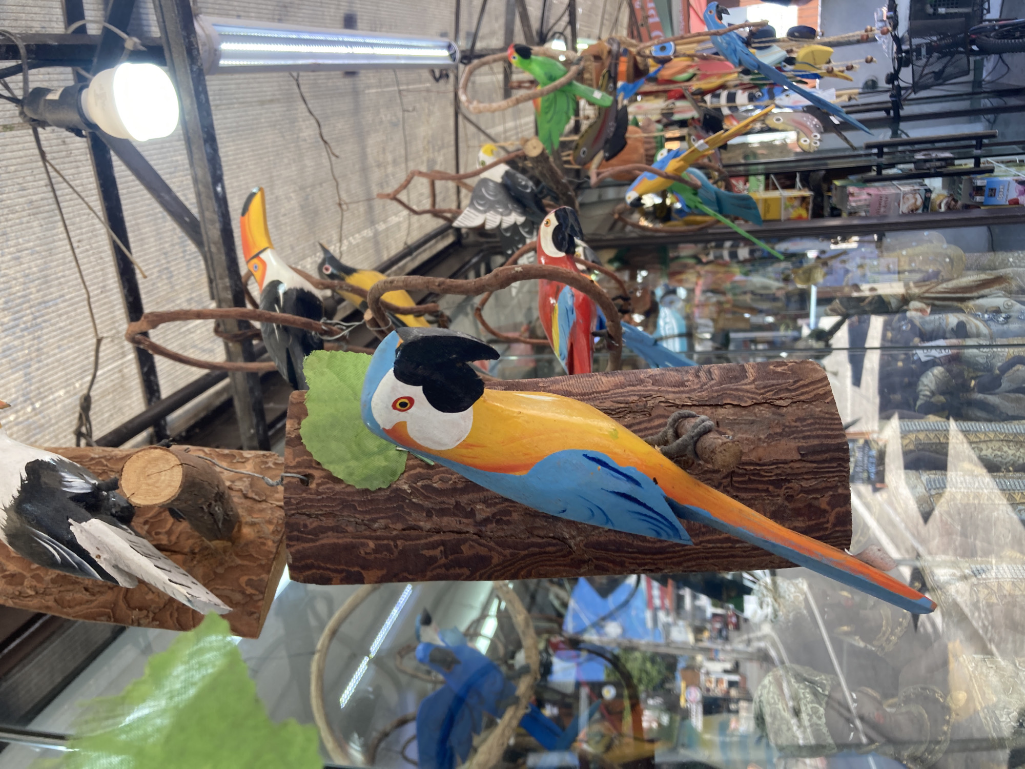 The image captures a variety of brightly colored, handcrafted wooden birds arranged within a glass-encased display, likely for sale. The main focus is a vivid blue and yellow macaw resting on a wooden log, situated prominently in the foreground. Behind it, other carved birds, including toucans and parrots, are perched on branches, creating a layered effect. The setting appears to be an indoor market or souvenir shop, as evidenced by the reflective glass and other merchandise visible in the background. The location is Florianópolis, Brazil, implied by the presence of these tourist souvenirs and the style of craftsmanship.