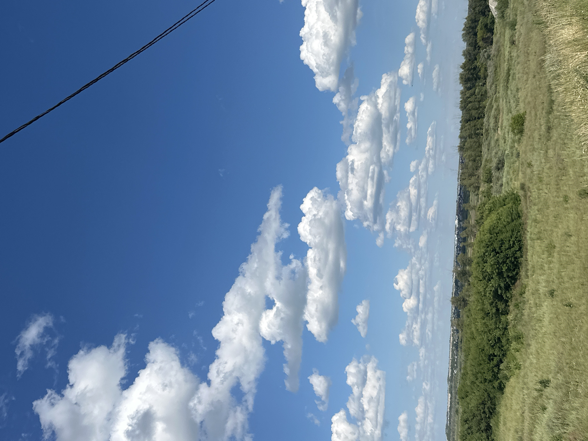 The image depicts a bright, sunny day with a clear blue sky dotted with fluffy white cumulus clouds. A power line runs diagonally across the upper right portion of the frame. Below the sky, a vast expanse of green grassland stretches towards a distant line of trees. Beyond the trees, a low-lying cityscape is visible, suggesting the presence of a town or city. The overall scene is pastoral and serene, characteristic of a rural landscape under a fair-weather sky. The location is identified as being in the city of Kostanay, Kazakhstan.