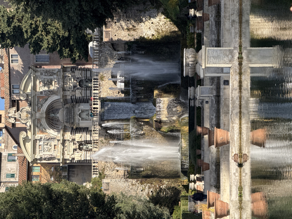 The image displays a multi-tiered Baroque fountain and garden complex, identified as the Villa d'Este in Tivoli, Italy, under clear daylight. In the background, a grand architectural facade of light-colored stone, featuring classical elements such as niches, sculptures, and a central arch, rises above the fountain. Parts of the city of Tivoli, characterized by buildings with terracotta roofs and various windows, are visible behind the facade.
Below the main facade, a stone balustrade extends horizontally, behind which a group of approximately 5-7 individuals stands near the center. The mid-ground features a large, active fountain structure composed of rough-hewn stone and sculpted basins, from which multiple vertical water jets spray and several cascades flow downwards. The stone surfaces exhibit water staining and some moss. A significant shadow obscures the right side of the fountain structure.
In the lower mid-ground, a series of light-colored stone steps and terraces are arranged. Numerous terra cotta pots of varying sizes are placed on these steps, alongside decorative stone urns on pedestals. A single individual, dressed in dark clothing, walks on one of the lower terraces towards the left side of the frame.
The foreground is dominated by a calm, dark reflecting pool that clearly mirrors the fountain, pots, and surrounding structures in its surface. Tall, dark green evergreen trees partially frame the scene on both the left and right sides. The scene is illuminated by direct sunlight, creating distinct highlights on the water and stone and casting prominent shadows.