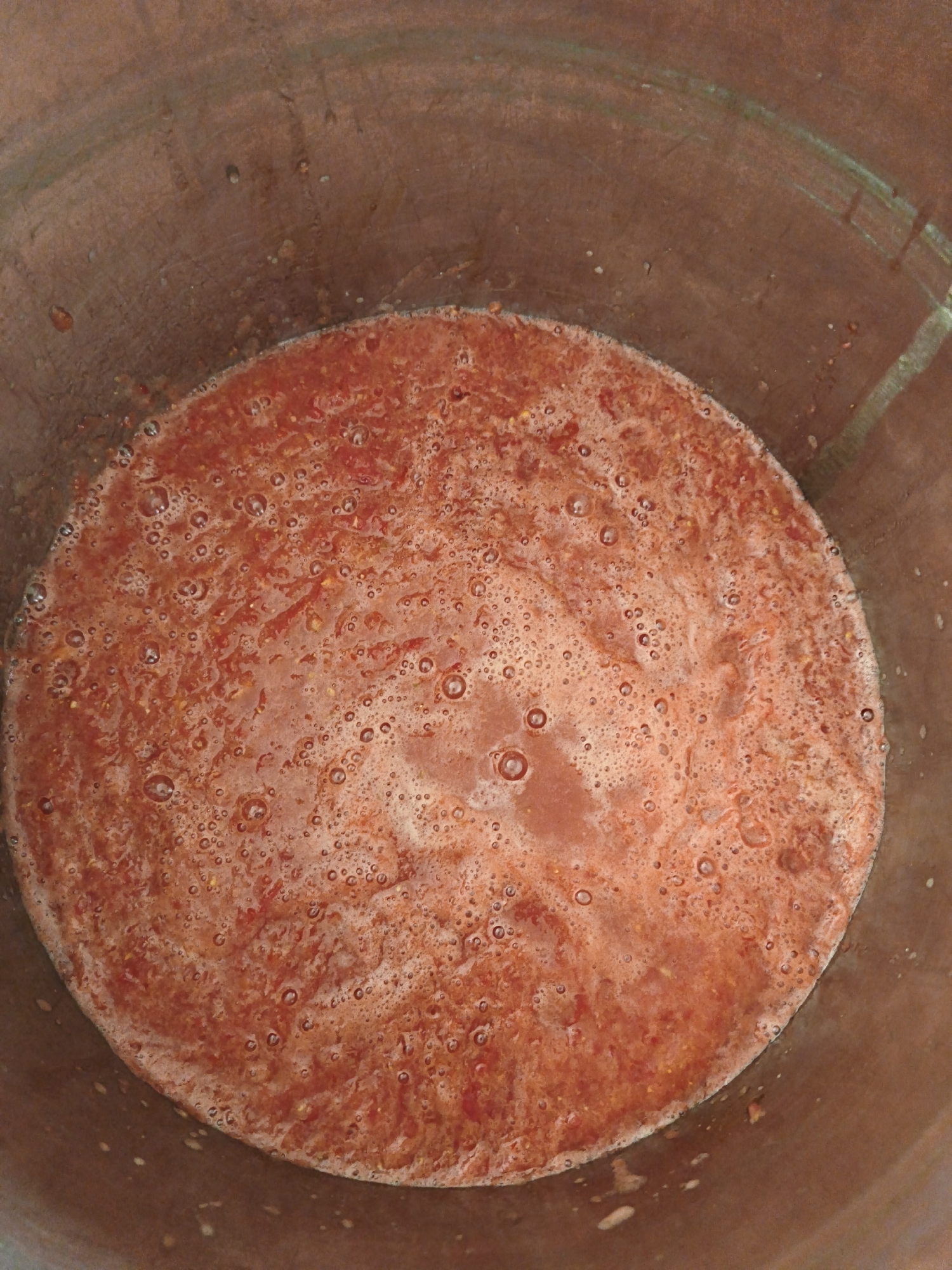 An overhead close-up shot shows a bubbling, reddish-orange mixture, likely tomato puree or juice, filling the bottom of a dark, metallic-looking pot. The mixture has a frothy texture with many small air bubbles on its surface. The pot's interior walls are visible around the perimeter, appearing to be made of copper or a similar material, with some scuff marks and a greenish-blue patina in places. There are no people or other objects visible in the image. The scene appears to be indoors or in a sheltered area, given the lighting. The location in Steblivka, Ukraine, is not depicted in the image itself, which focuses solely on the contents of the pot.
