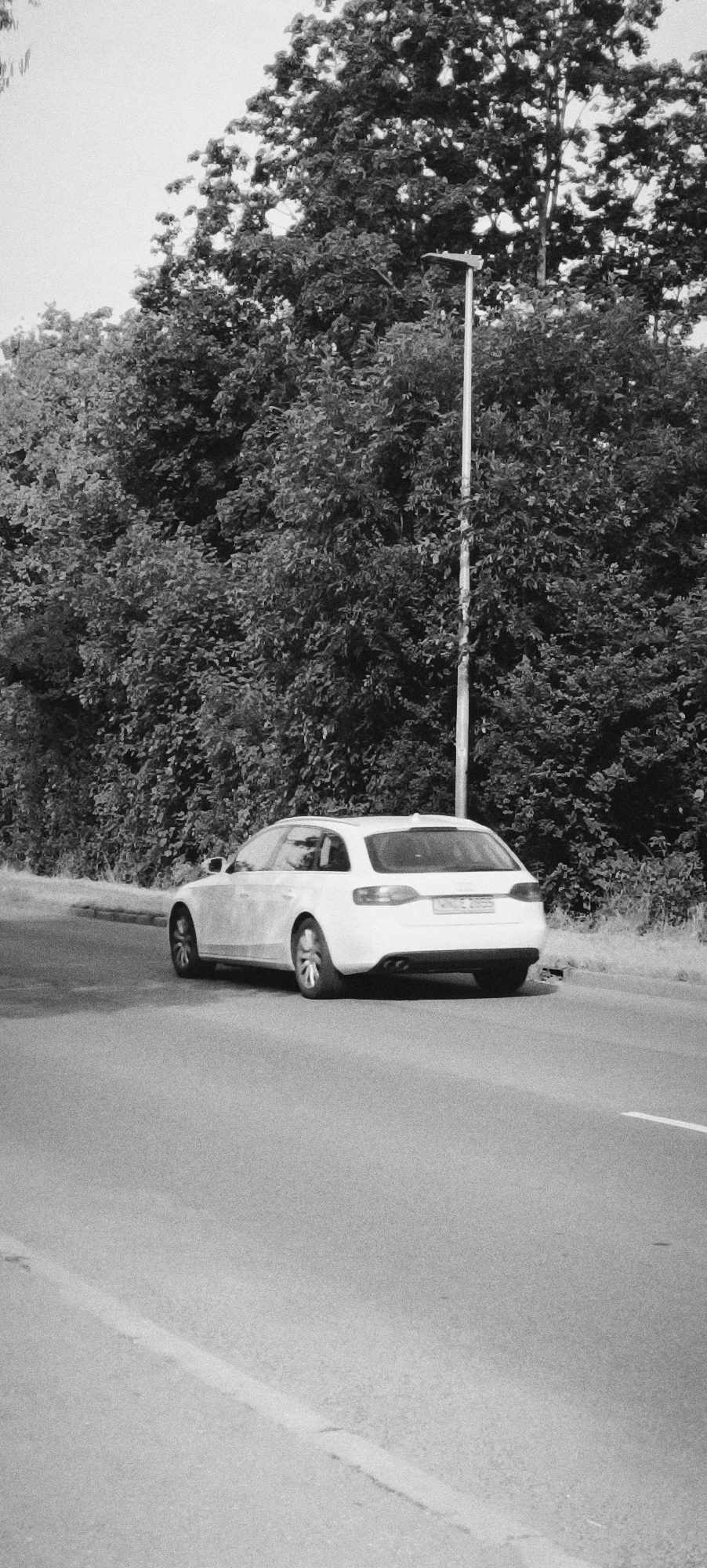 A black and white, vertical, medium-shot image shows a white, four-door station wagon parked on the right side of an asphalt road. The car is facing to the left of the frame. The car is positioned in front of a dense, leafy green hedge that lines the road. A tall, thin lamppost stands behind the car, just to the right of its center. The sky is overcast and appears bright, with the tops of trees visible above the hedge. The road has a white line painted on its right edge. The scene is located on the German Bundesstraße 29, near the city of Waiblingen.
