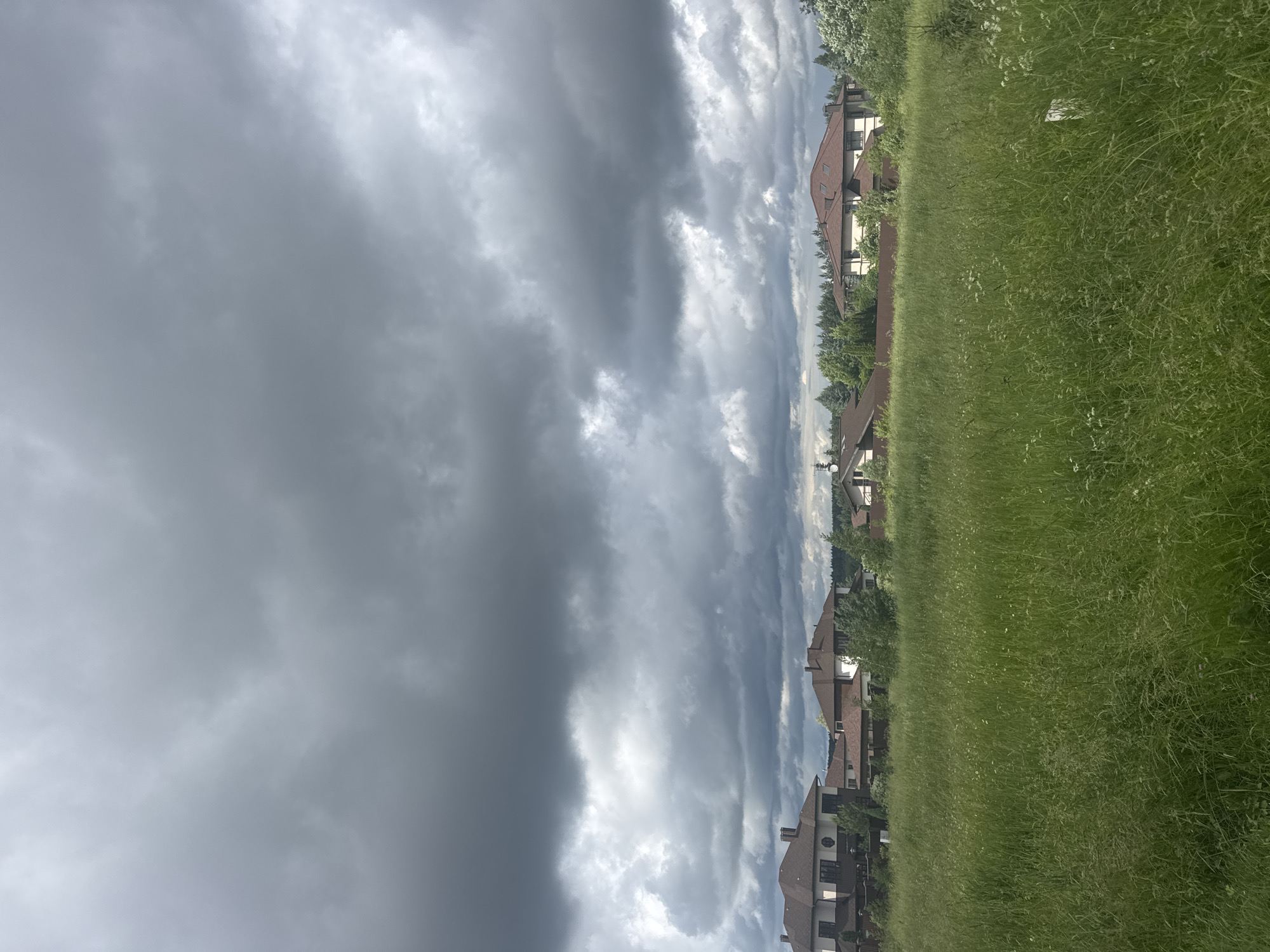The image captures a view of a residential area in Зеленые Холмы Кп, Russia, under a dramatic, overcast sky filled with dark, heavy clouds. In the foreground, a dense field of tall green grass stretches across the frame, dotted with small white wildflowers. Behind the grassy field, several houses are visible. These are large, multi-story residences with dark-tiled roofs and light-colored facades, surrounded by trees and greenery. The overall impression is one of impending weather, with the somber sky contrasting with the lush vegetation and the well-maintained homes. There are no people or animals visible in the image.