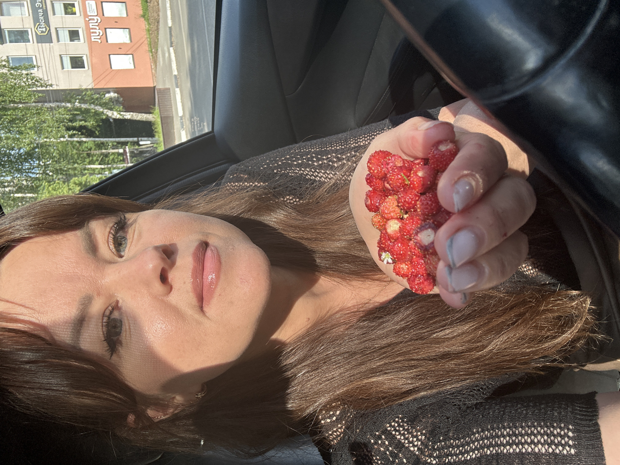In this close-up, overhead shot, a young woman is seated in the driver's seat of a car, holding a cluster of wild strawberries in her cupped hand. The sun casts a strong shadow across her face, highlighting her light blue eyes and glossy pink lips. Her long, brown hair spills over her shoulders and chest, partially obscuring her black, lacy top. The interior of the car, including a black leather seat and part of the steering wheel, is visible.
Outside the car, through the window, a building with multiple stories and windows is visible, along with green trees and a paved road. The building has text on it in what appears to be Cyrillic script. The time of day is clearly sunny, and the weather appears to be warm. The woman's expression is relaxed and content as she holds the freshly picked strawberries. The overall mood is one of pleasant summertime enjoyment.