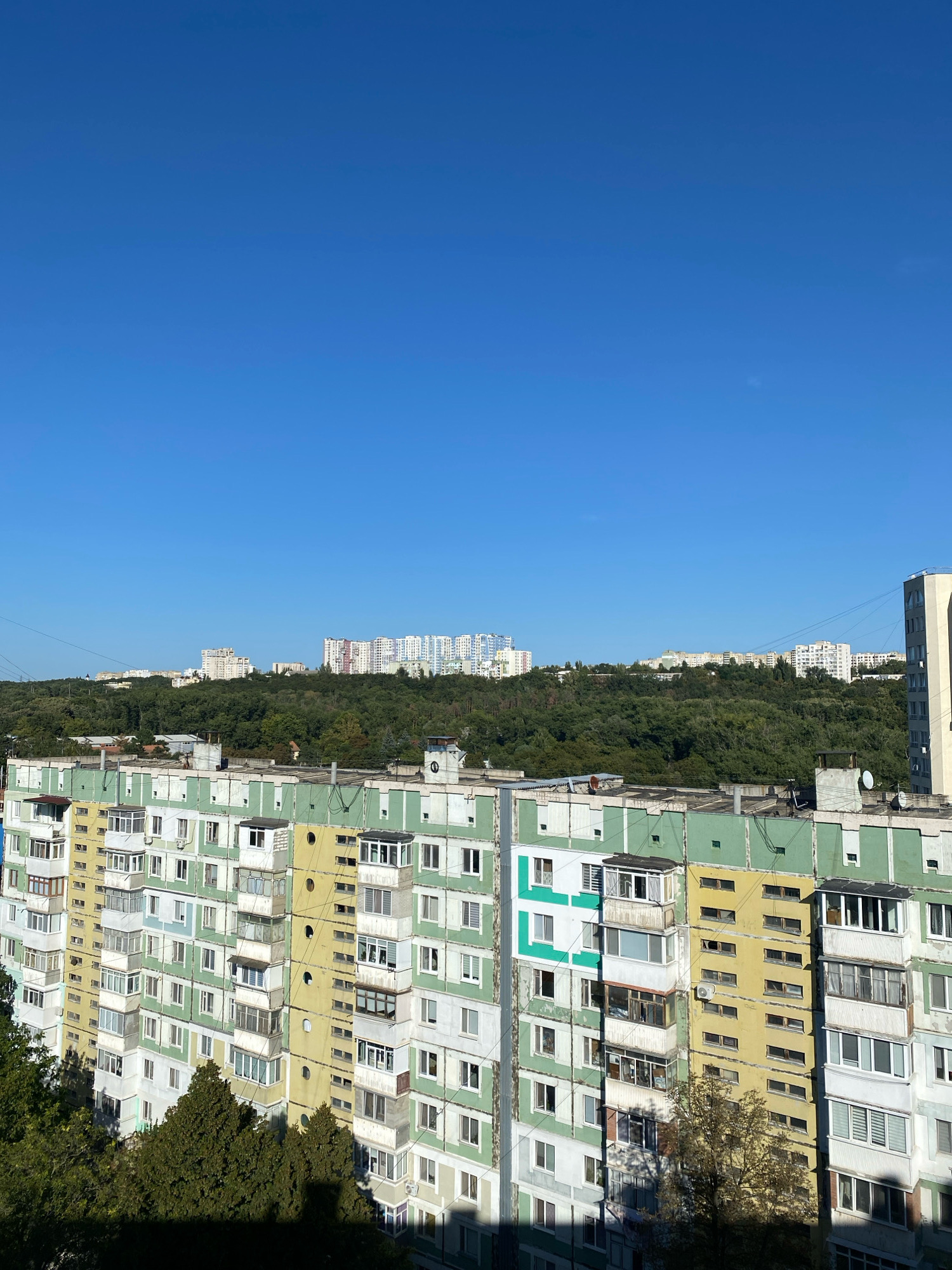 The image depicts a daytime exterior view of a residential area in Chișinău, Moldova, characterized by Soviet-era apartment blocks. In the foreground, a multi-story apartment building with a facade alternating between light green and pale yellow is visible. The building features numerous balconies, many enclosed with glass or paneling, and some with laundry lines. Trees partially obscure the lower sections of the building. In the middle ground, a densely wooded hillside rises, dotted with scattered residential buildings. Beyond the hill, a larger cluster of apartment buildings, many of them white or pastel-colored and appearing more modern than the foreground building, stretches across the horizon. The sky is a clear, bright blue. The scene conveys a typical urban landscape with a mix of older and newer residential architecture set against a natural green backdrop.