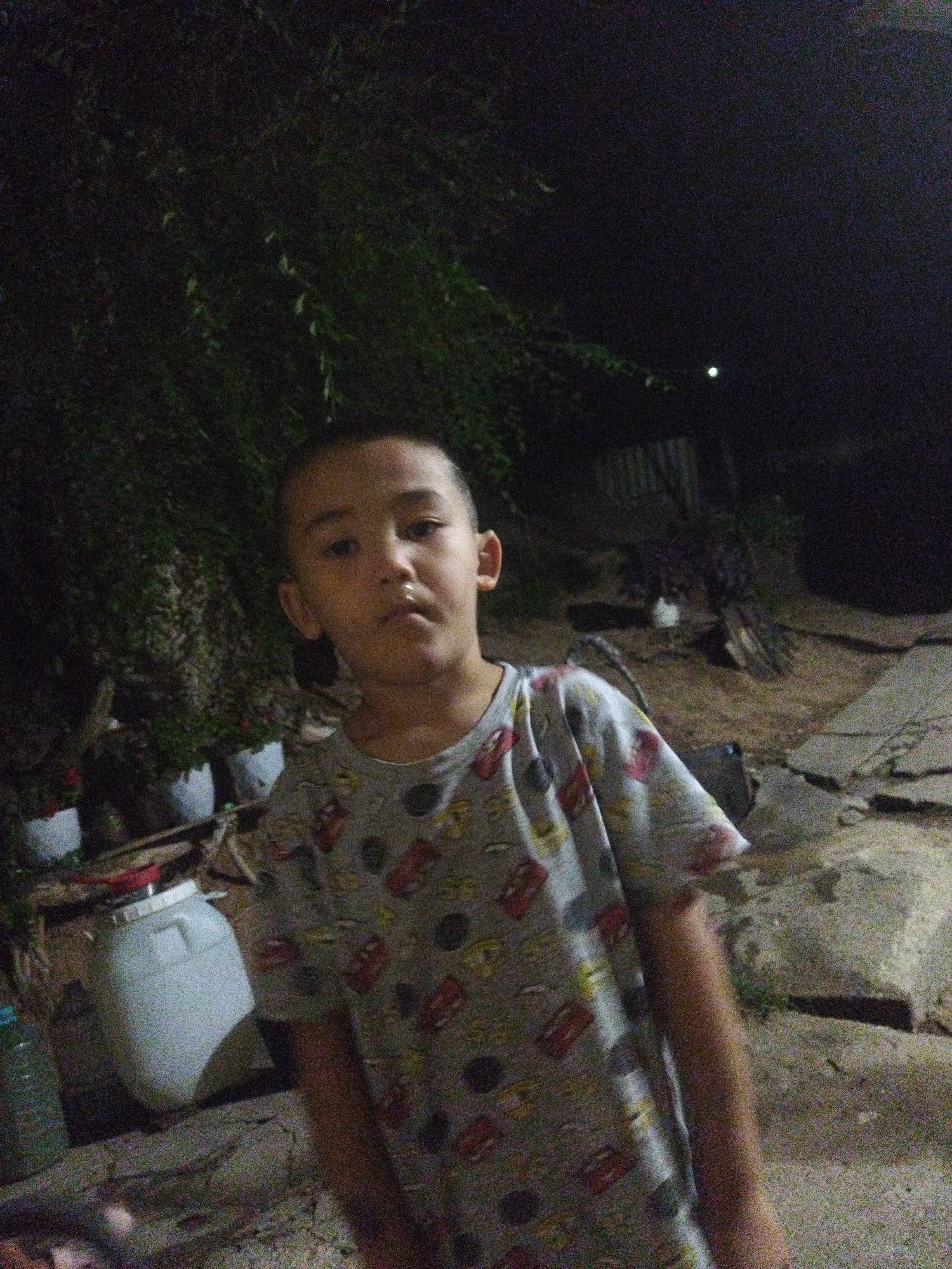 A young boy, appearing to be of Asian descent, stands in what appears to be a yard at night. He is wearing a grey t-shirt with a pattern of what looks like cartoon cars. The boy is looking directly at the camera with a neutral expression. Behind him, there is dense foliage, possibly a tree or bushes, and several white potted plants. To the right of the boy, the ground is paved with cracked concrete. In the background, there is a dimly lit fence and a small white object that could be an animal. To the left of the boy, there is a large, white plastic container with a red lid. The overall scene is dark, suggesting it was taken with artificial light or a camera with low-light capabilities, possibly in the city of Mailuu-Suu, Kyrgyzstan.