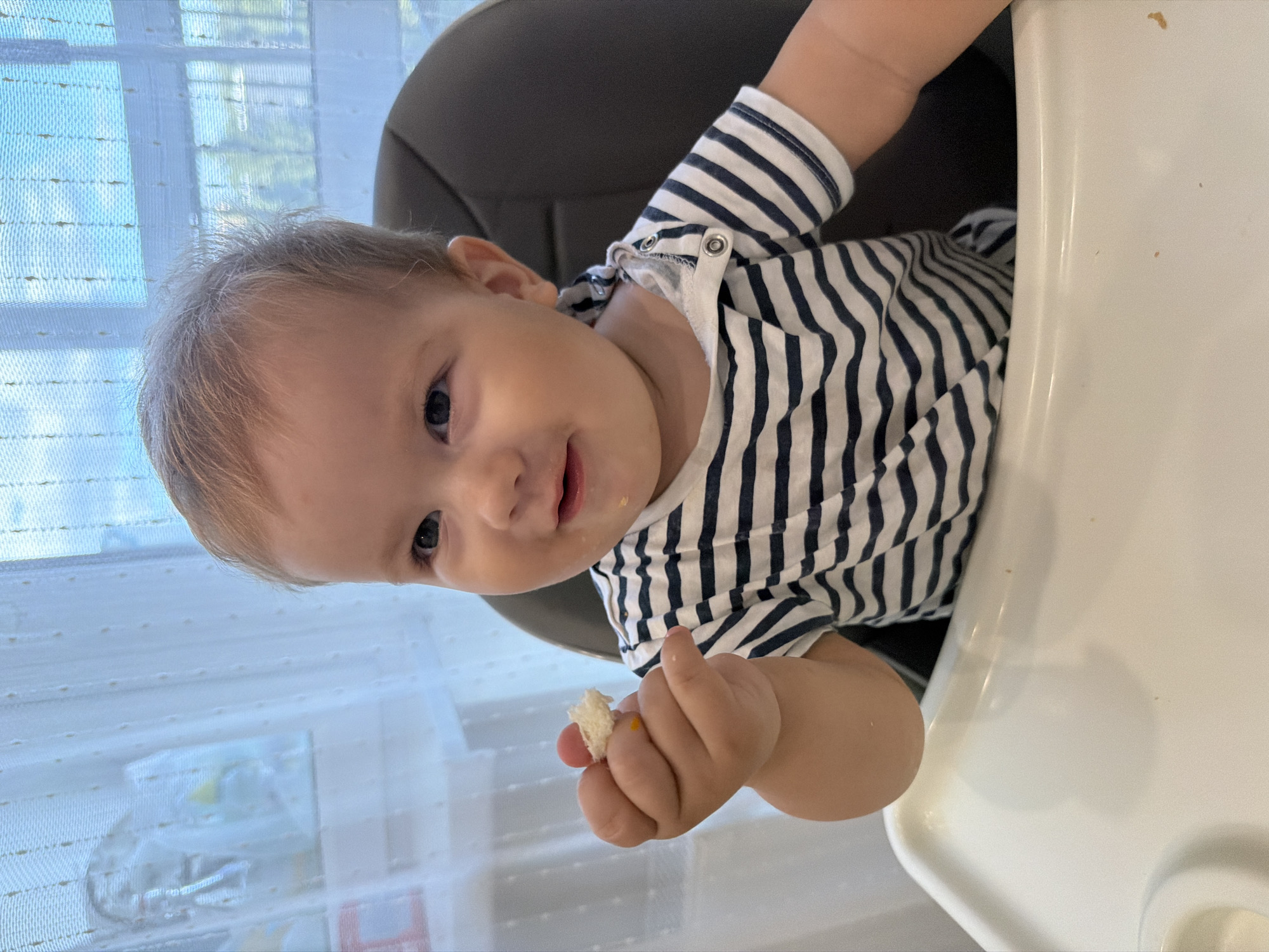 A toddler sits in a high chair, holding a piece of food in their hand. The toddler is wearing a striped shirt. The high chair is white and is placed in front of a window with sheer curtains. The environment appears to be an indoor setting, likely a home. There is no indication of the city of Kazan, Russia, or any specific urban features.