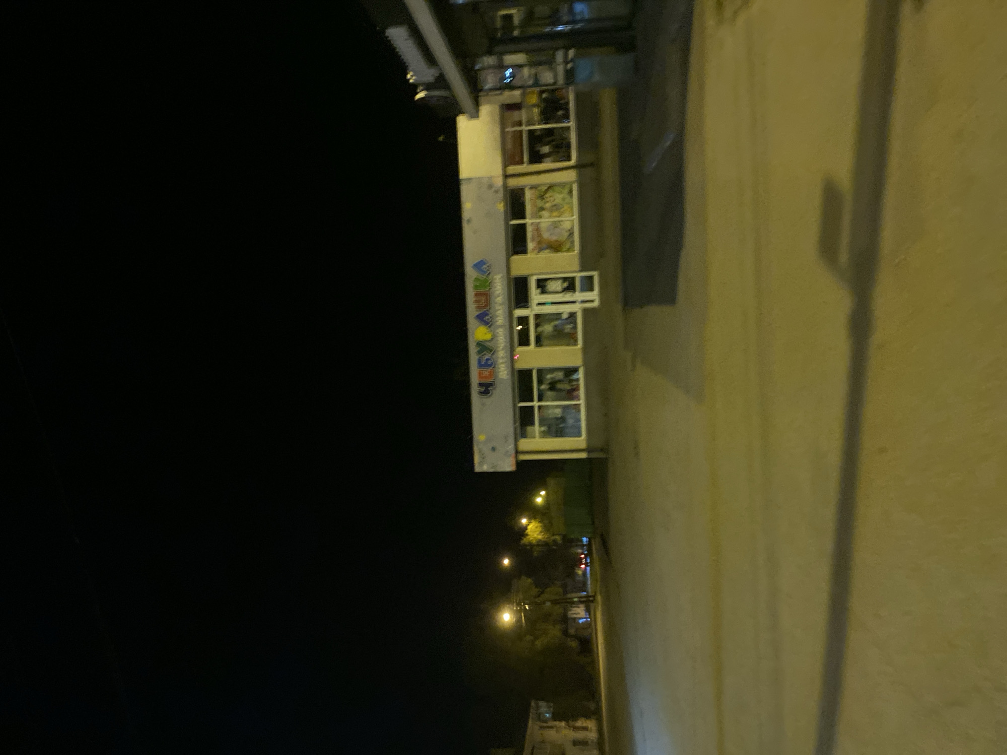 The image depicts an outdoor scene at night. A brightly lit multi-story building is visible, with signage in a foreign language (likely Ukrainian or Russian), identifying it as a children's store. The street is lit by streetlights, and buildings are seen along the road. The setting is urban, likely Poltava, Ukraine.