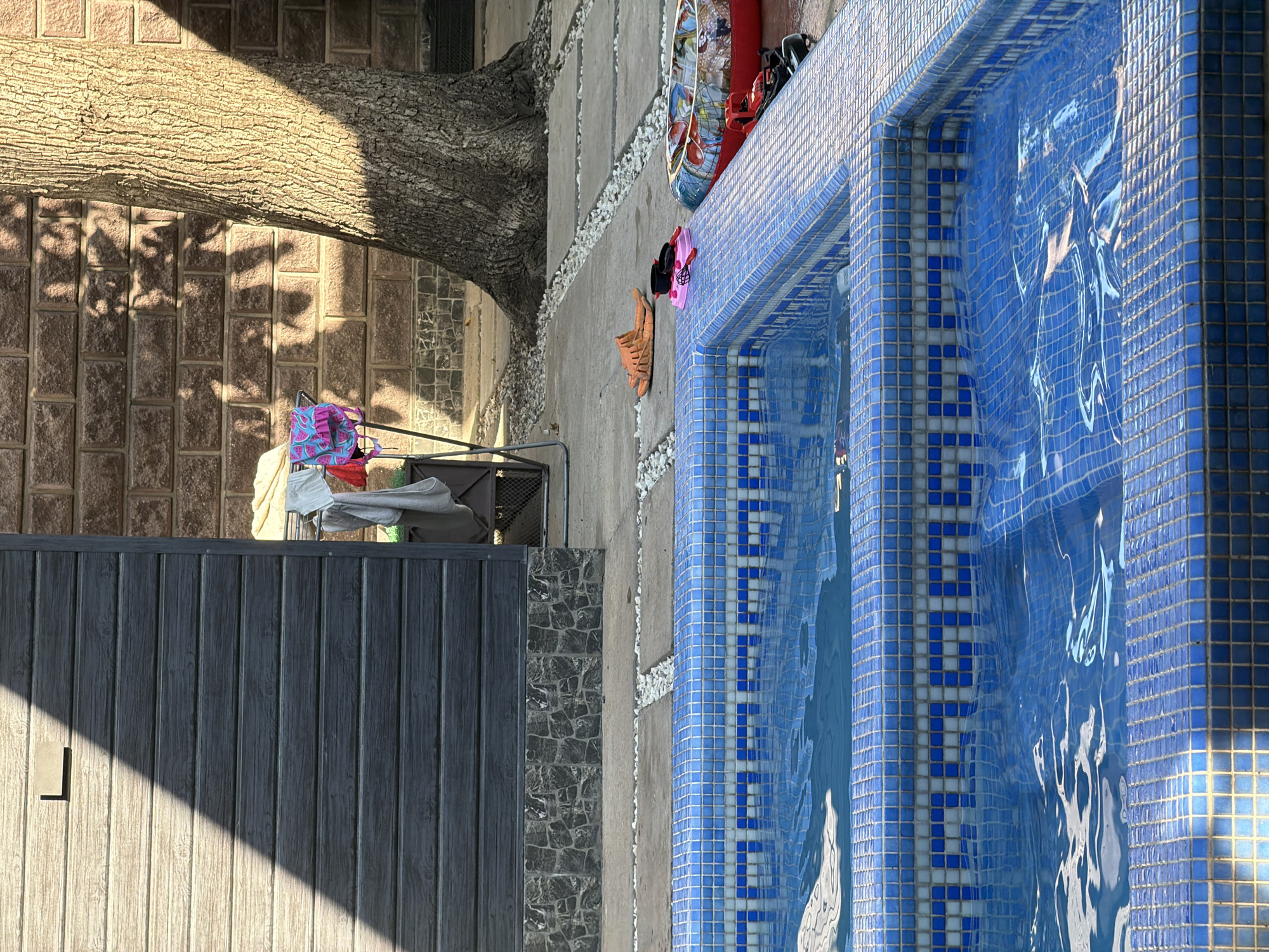 An outdoor swimming pool area is depicted. The pool itself is tiled with blue and white squares, and the water is rippling. Surrounding the pool is a paved area with some gravel and stepping stones. A large tree trunk is visible on the right side of the frame, casting a shadow onto a brick wall behind it.
In the foreground, near the edge of the pool, are several objects, including orange flip-flops, a child's toy spade and bucket set, a deflated inner tube, and a red toy truck. A clothesline with several items of laundry hanging on it is visible in the middle ground, near a dark wooden structure and a brick wall. The overall impression is of a residential backyard setting, likely in a warm climate, with elements suggesting recent or ongoing use for recreation and laundry.
The location is Shymkent, Kazakhstan.