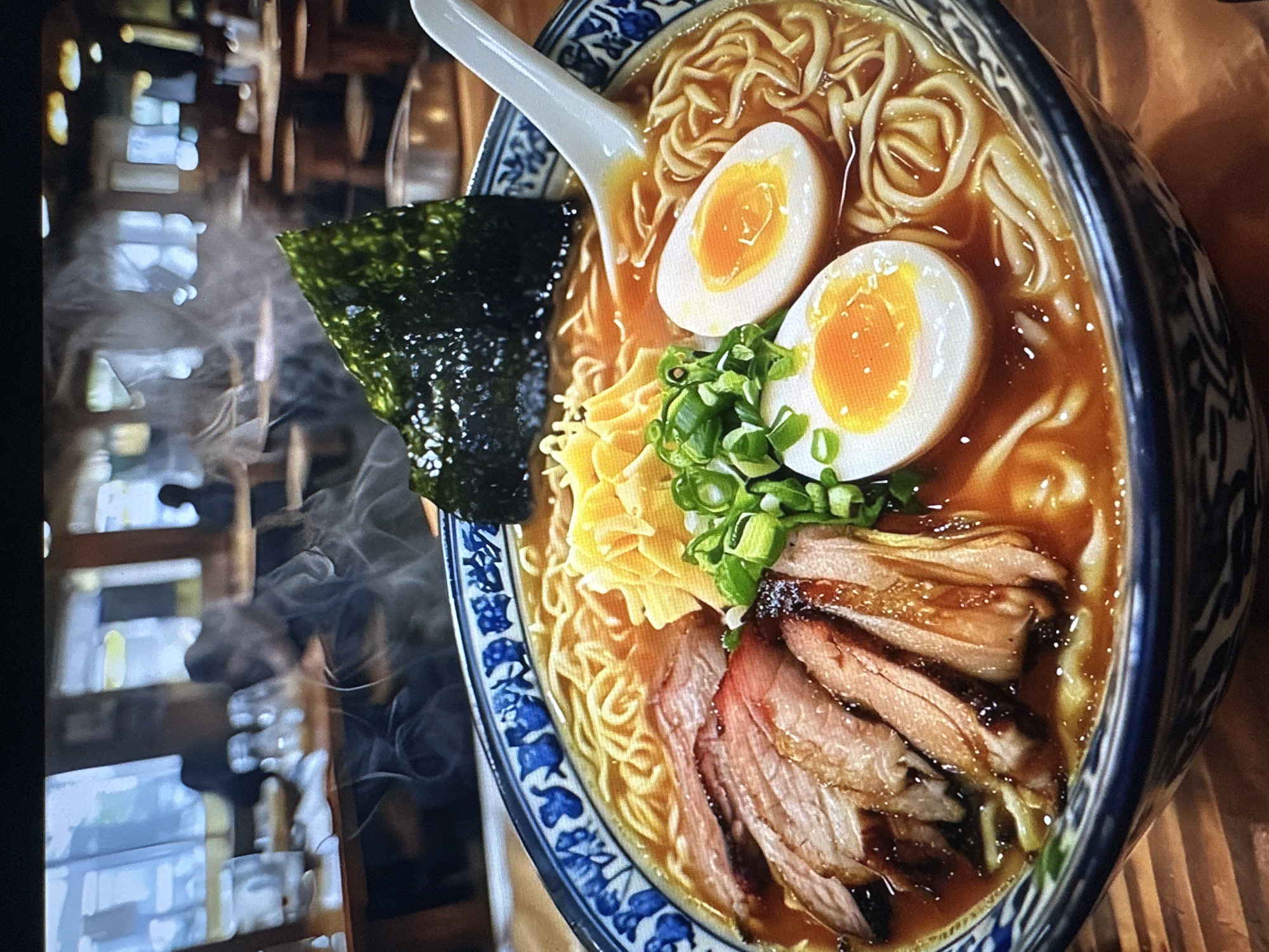 A close-up, eye-level shot showcases a steaming bowl of ramen. The ramen broth is a rich, reddish-brown, filled with wavy yellow noodles. Toppings include several slices of seared pork with visible char marks and a glossy glaze, two halves of a soft-boiled egg with vibrant orange yolks, finely chopped green onions, and a piece of dried seaweed (nori). A white ceramic spoon rests partially in the bowl, its handle extending out of frame. The bowl itself has a blue and white patterned rim. Wisps of steam rise from the ramen, indicating it is freshly served. In the background, the blurry interior of a restaurant is visible, with wooden tables and chairs, and diffused lighting. The scene is devoid of any specific landmarks that would identify the city as Tallinn, Estonia.