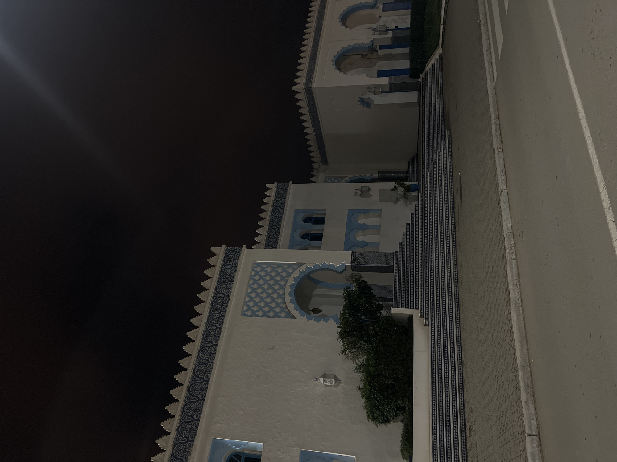 This nighttime image captures the distinctive facade of a building, viewed from a slightly low angle. The architecture is characterized by white walls adorned with intricate blue and white patterned tiles, reminiscent of Moroccan zellige. These decorative tiles are prominently featured around arched windows and alcoves, delineating building sections, and forming a scalloped cornice along the roofline and upper stories. The building itself appears to be multi-storied, showcasing a blend of traditional design elements.
Adjacent to the structure, a patterned tiled walkway or patio, also in blue and white, extends towards the foreground. Beyond this tiled area, a paved road with a visible white line suggests a public thoroughfare. The sky is dark, indicating that the photograph was taken at night, with a faint light source creating a lens flare in the upper left of the frame. Green foliage, likely bushes or small trees, is visible growing alongside the base of the building.
The scene is devoid of people or specific activities, conveying a sense of quiet and stillness. The architectural style, with its ornate patterns and white and blue color scheme, strongly cues a North African or Mediterranean setting, consistent with the provided location context of M'Diq, Morocco. There is no visible text in the image.
