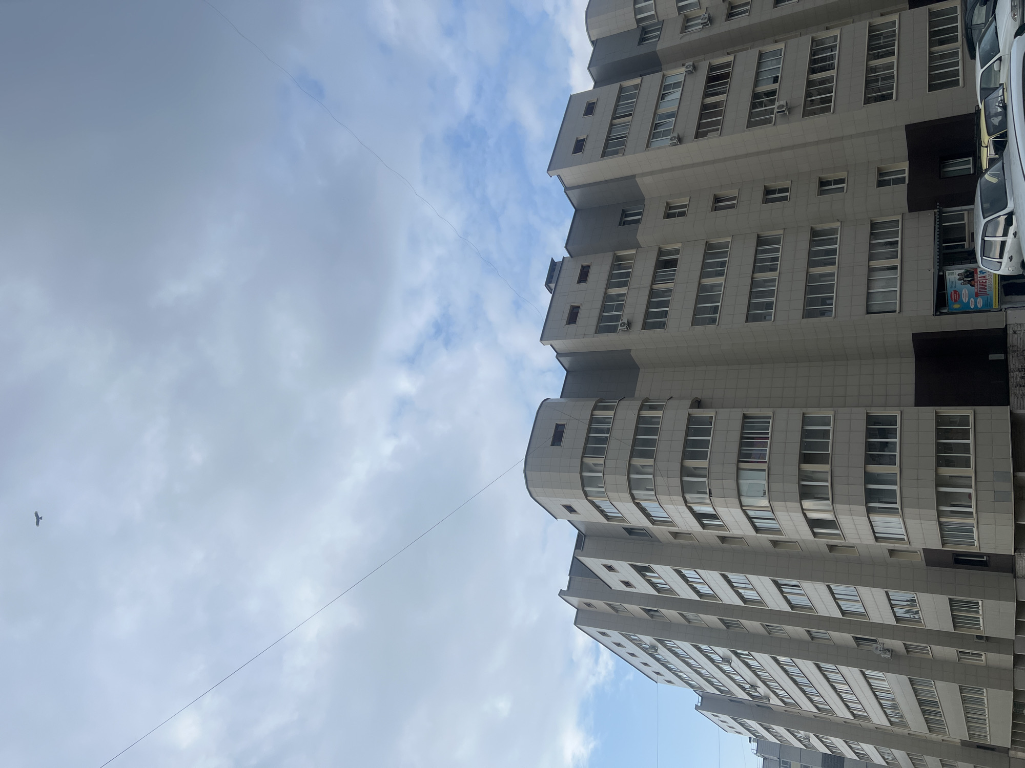 A multi-story apartment building stands tall against a cloudy sky, with a bird in flight visible in the upper portion of the frame. Thin wires stretch across the sky, crossing the building's facade. The building features numerous windows and balconies, with some air conditioning units mounted on its exterior. Cars are parked in front of the building at street level. The architecture appears modern, with light-colored paneling. The scene is consistent with a residential area in the city of Zheleznogorsk, Russia.