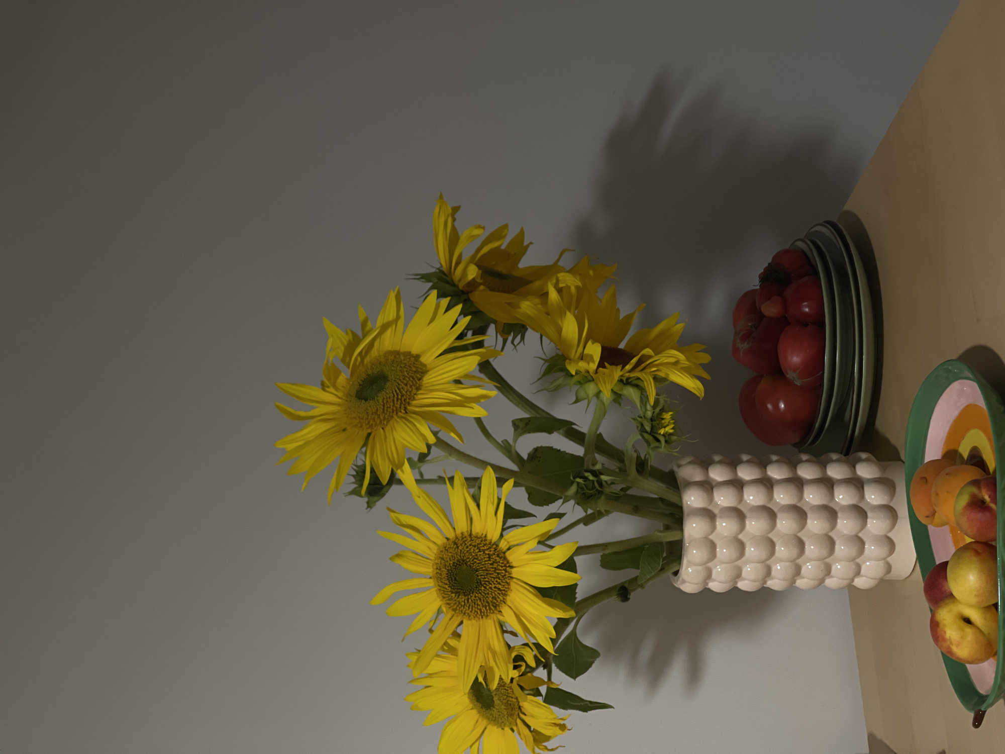 The image depicts a still life arrangement on a wooden surface against a plain gray background. The primary subjects are a bouquet of sunflowers in a textured light pink vase and a selection of fruits and vegetables.
The sunflowers, with their large yellow petals and brown centers, are positioned to the left of the frame, some appearing more wilted than others. The vase is tall and cylindrical, adorned with a pattern of raised, bubble-like spheres.
To the right of the vase, a stack of dark green plates holds several ripe red tomatoes. In the foreground, a bright green oval platter with pink and orange concentric circles displays a few nectarines or peaches and what appear to be apricots.
The lighting suggests a dim indoor environment, casting shadows from the sunflowers onto the wall. There are no people or animals visible in the scene.
The location is not specified in the image or the provided information, therefore it cannot be determined if the scene is in Izhevsk, Russia.