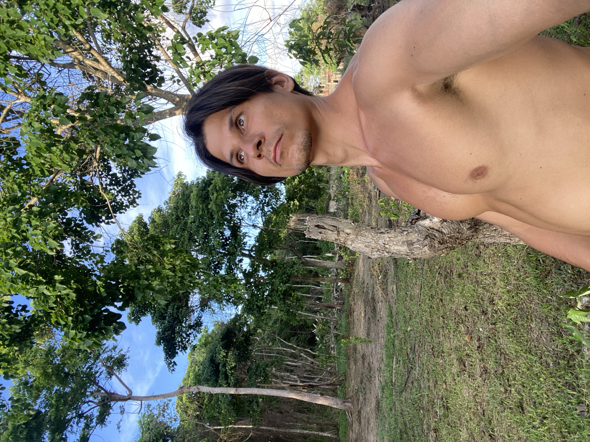 A shirtless man with dark hair and brown eyes is standing outdoors in what appears to be a wooded area. He is looking upwards and to the right, with his head tilted slightly back. The man's torso is visible, showing his chest and shoulder. Behind him, there are several trees with green leaves, and a blue sky with some white clouds is visible through the branches. The ground is covered in grass and dirt, with some fallen leaves. In the background, there is more dense vegetation and trees, suggesting a natural or rural setting. The lighting indicates it is daytime, likely with sunlight filtering through the trees. No specific landmarks or structures that would definitively place this in Los Velásquez, Venezuela, are visible.