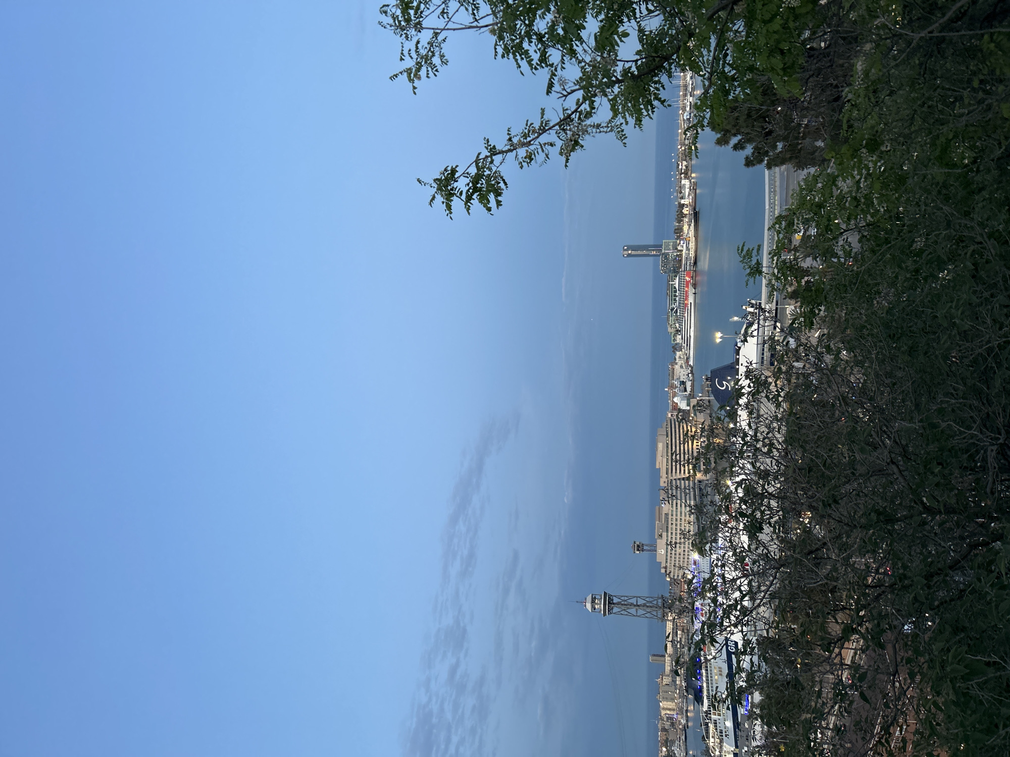 The image shows a nighttime view of Barcelona's port area, taken from a higher vantage point amidst trees. The cityscape is visible with various buildings and infrastructure, including the Port Vell Aerial Tramway tower. The sea is partially visible, reflecting the city lights. The sky transitions from a lighter blue near the horizon to a darker hue above. The overall atmosphere suggests a calm evening in the city.