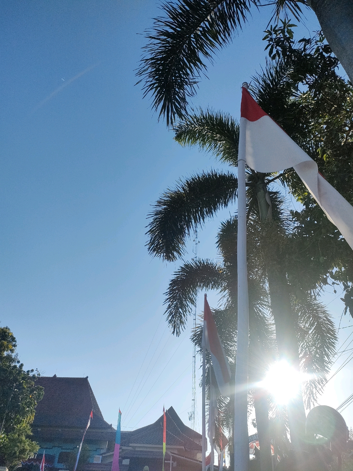 The image depicts a bright, sunny day in Kasihan, Indonesia, with a clear blue sky. The foreground is dominated by palm trees, their fronds casting shadows. A white flagpole stands prominently, adorned with an Indonesian flag, which is red and white. The sun is shining intensely, creating lens flare and a bright glow that partially obscures the scene. In the background, traditional Indonesian buildings with dark tiled roofs are visible. Several other flags, with various colors including red, white, blue, and pink, are also present, suggesting a festive or commemorative occasion. There are no visible people in the image. The overall impression is one of a warm, outdoor setting in Indonesia, likely during a national holiday or celebration.